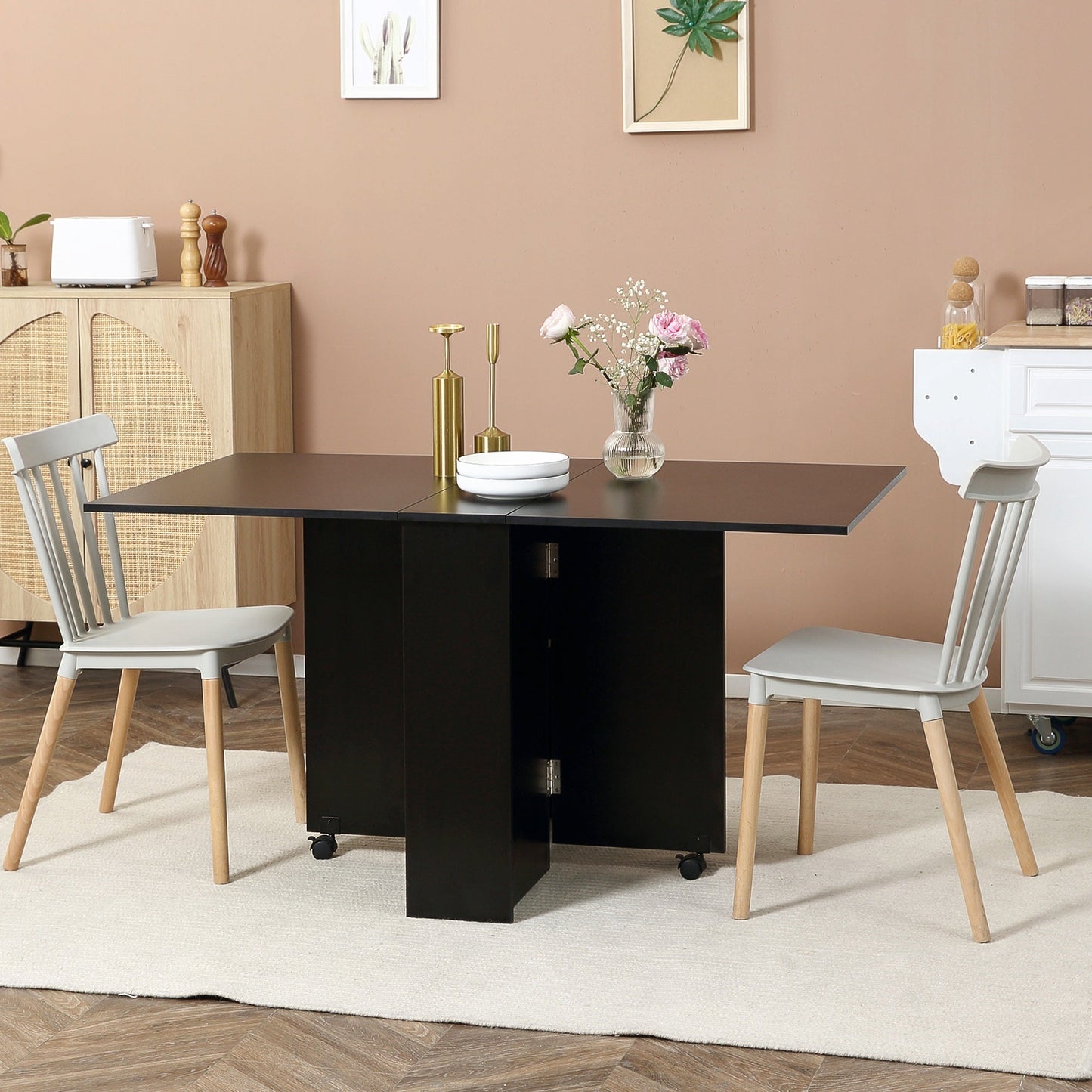 HOMCOM Folding Dining Table, Drop Leaf Table for Small Spaces with 2-tier Shelves, Small Kitchen Table with Rolling Casters, Black