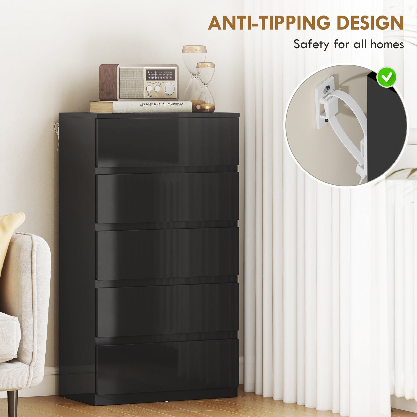 Chest of Drawers, 5 Drawers Storage Cabinet Floor Tower Cupboard for Bedroom Living Room, High Gloss Black