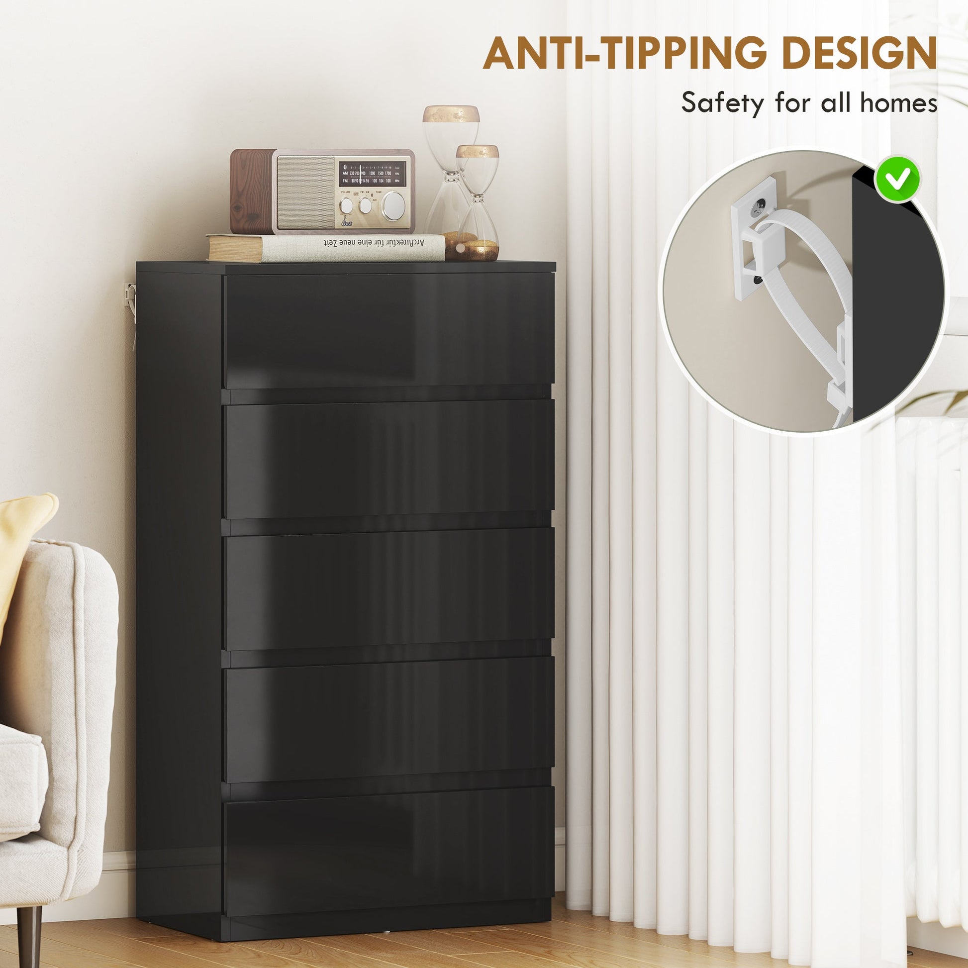 Chest of Drawers, 5 Drawers Storage Cabinet Floor Tower Cupboard for Bedroom Living Room, High Gloss Black