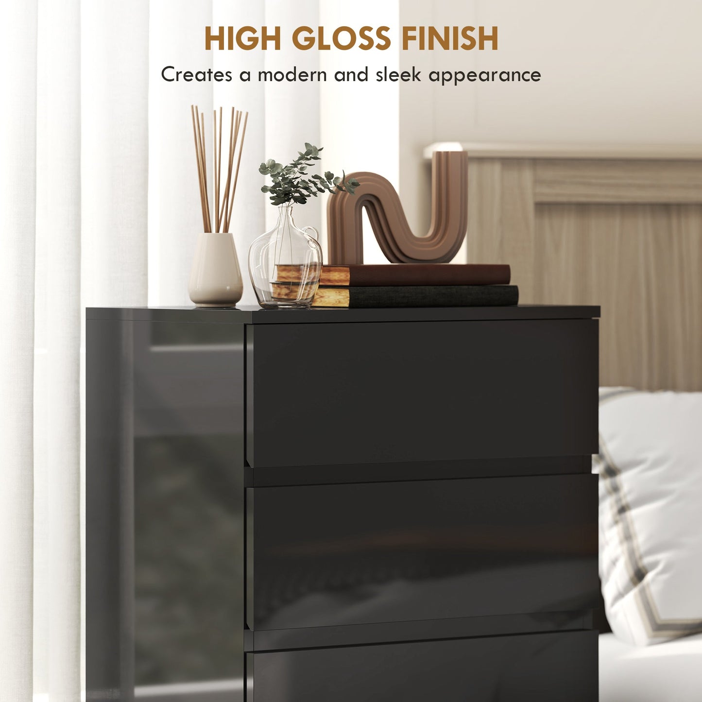 Chest of Drawers, 5 Drawers Storage Cabinet Floor Tower Cupboard for Bedroom Living Room, High Gloss Black