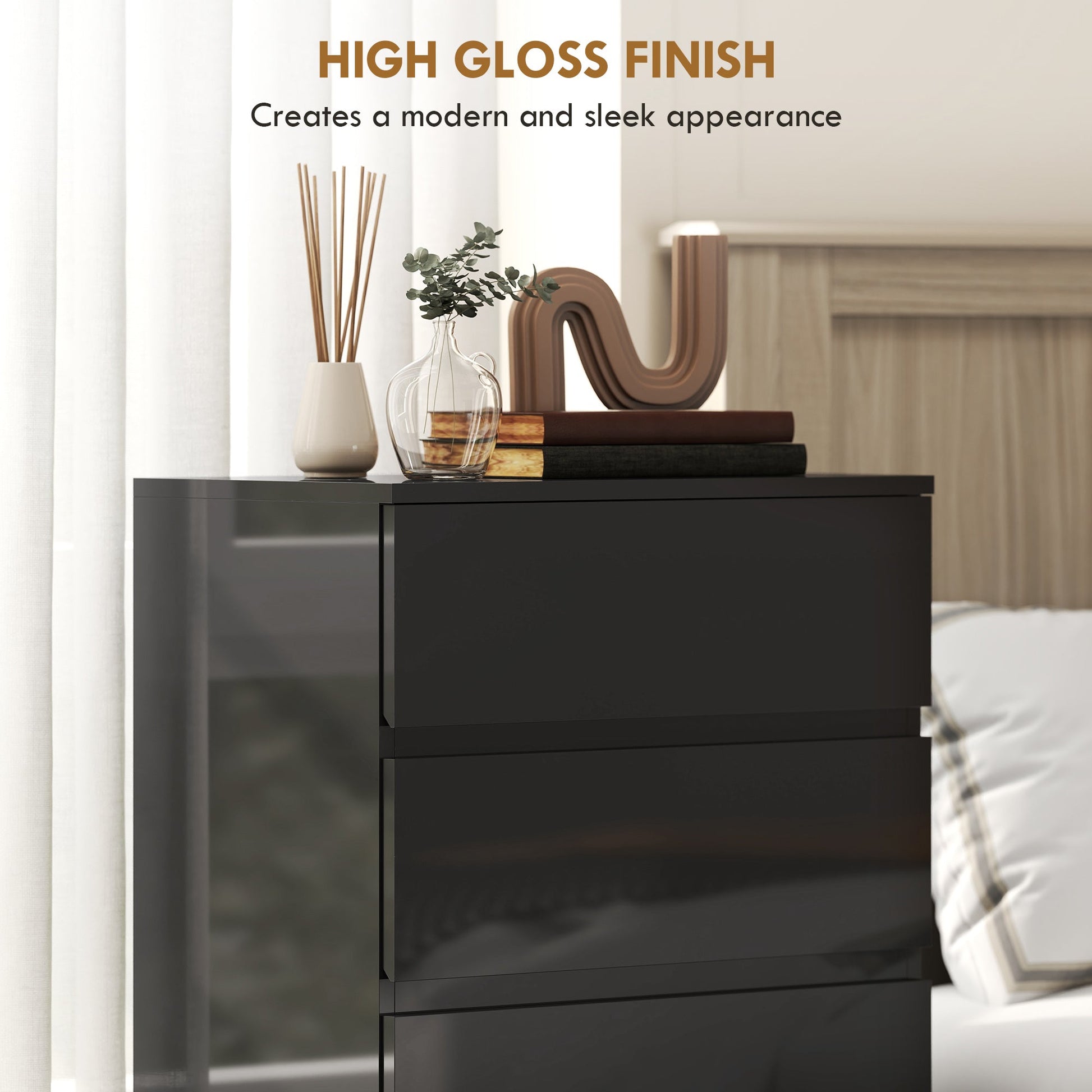 Chest of Drawers, 5 Drawers Storage Cabinet Floor Tower Cupboard for Bedroom Living Room, High Gloss Black