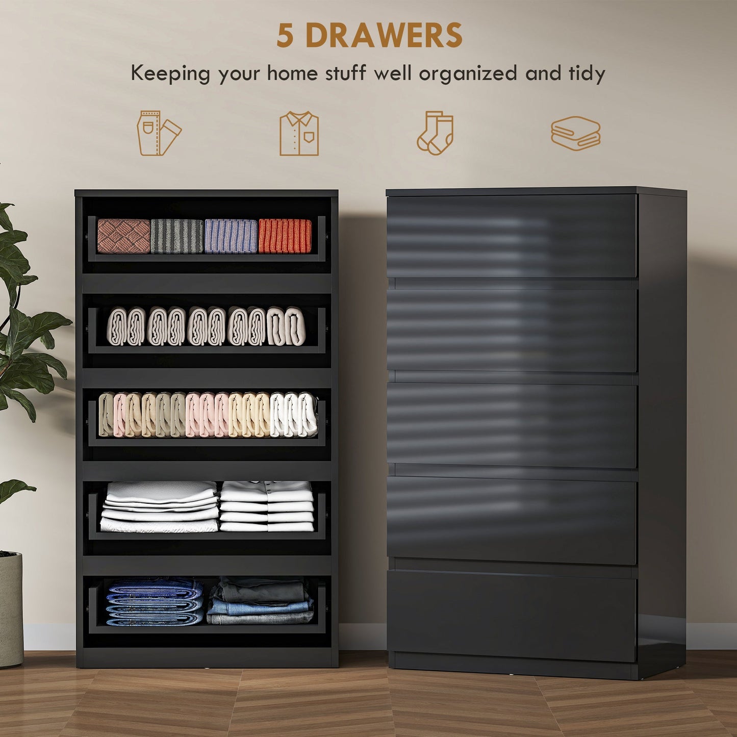 Chest of Drawers, 5 Drawers Storage Cabinet Floor Tower Cupboard for Bedroom Living Room, High Gloss Black