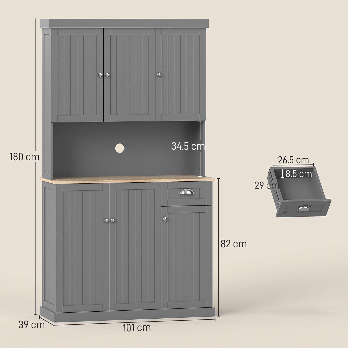 180cm Kitchen Cupboard with 6 Doors, Modern Kitchen Storage Cabinet with Microwave Oven Countertop, Drawer, Adjustable Shelves and Cable Hole, Grey