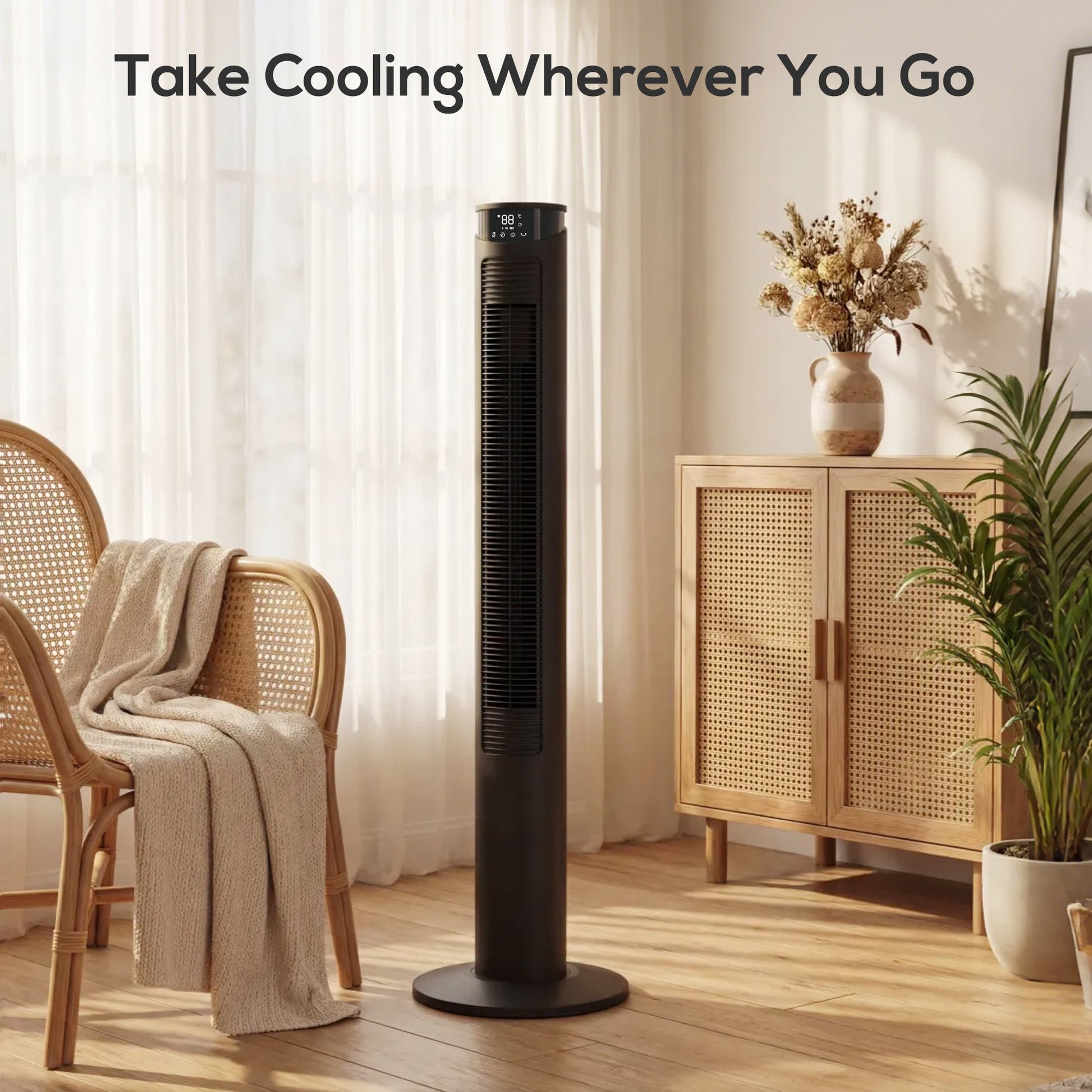 116 cm Tower Fan for Cooling, Standing Floor Fan with WiFi Control, 65° Oscillating, 12 Hour Timer, LED Display and Remote Control for Bedroom, Office, Black