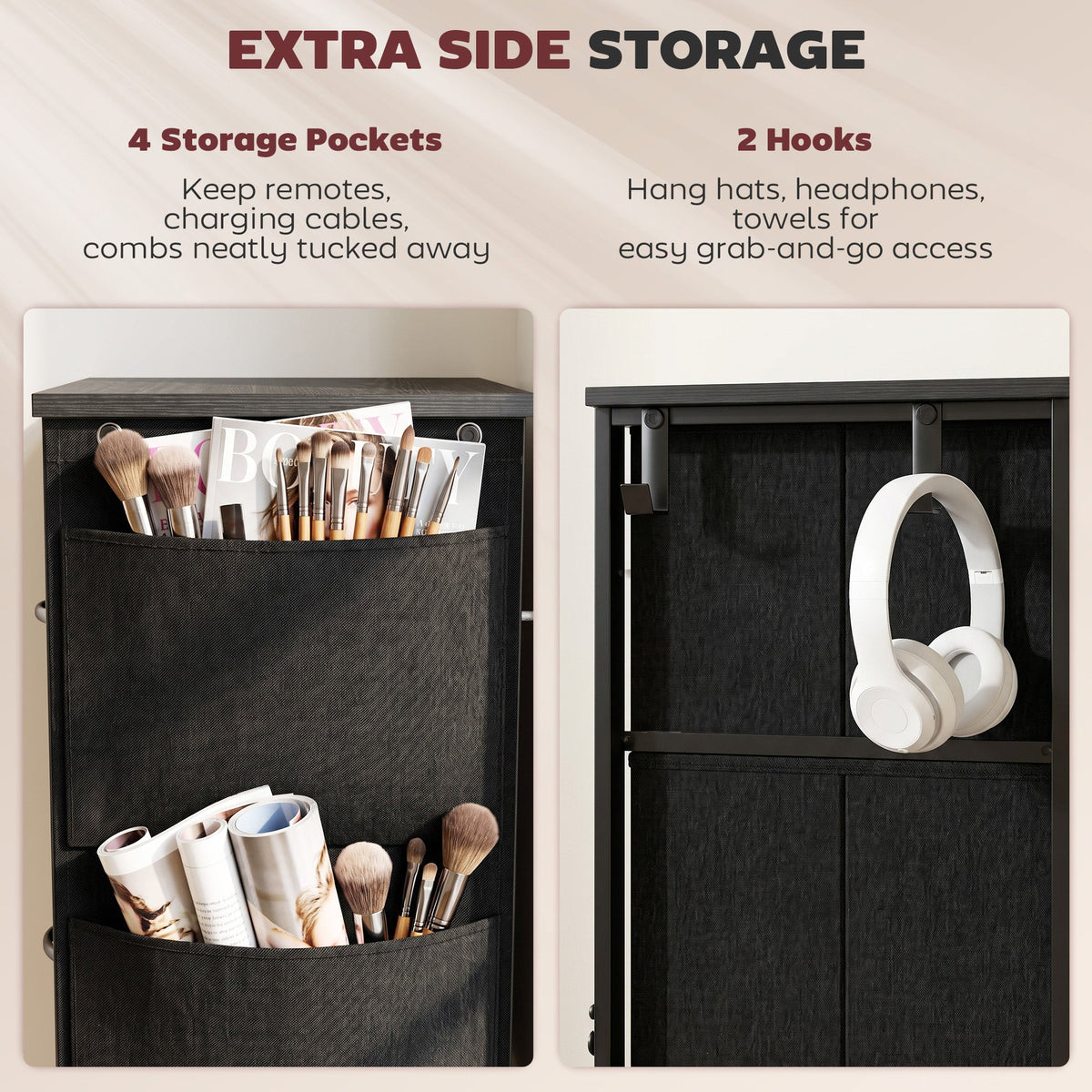 Chest of Drawers, Dresser for Bedroom with 4 Fabric Drawers, Tall Storage Unit with 4 Pockets, 2 Hooks and Steel Frame for Living Room, Hallway, Black