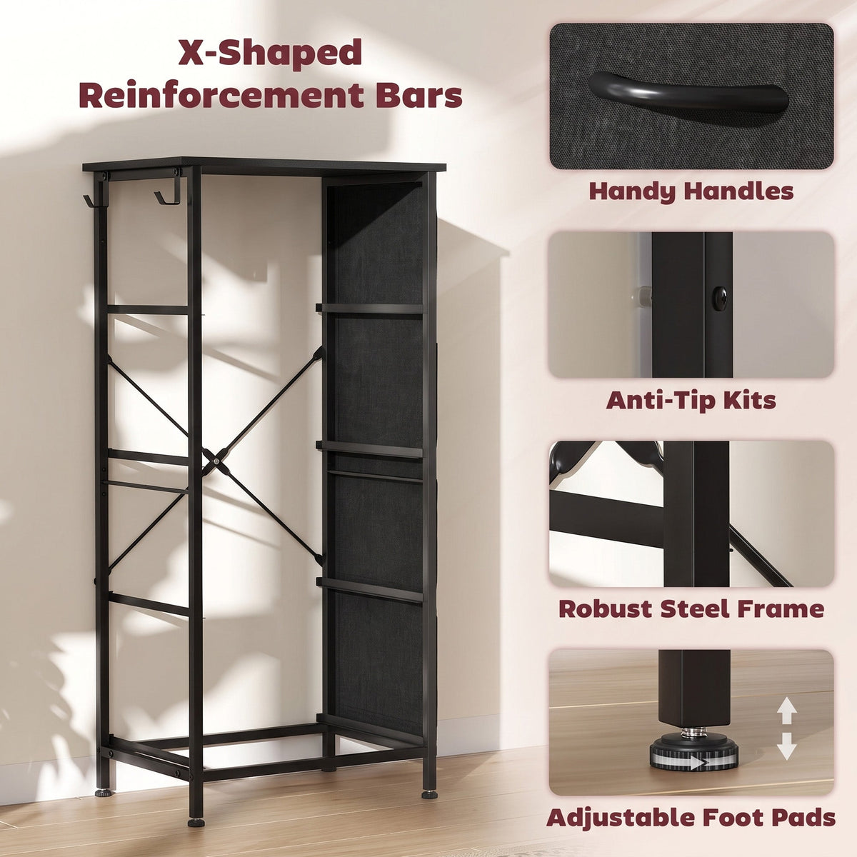 Chest of Drawers, Dresser for Bedroom with 4 Fabric Drawers, Tall Storage Unit with 4 Pockets, 2 Hooks and Steel Frame for Living Room, Hallway, Black