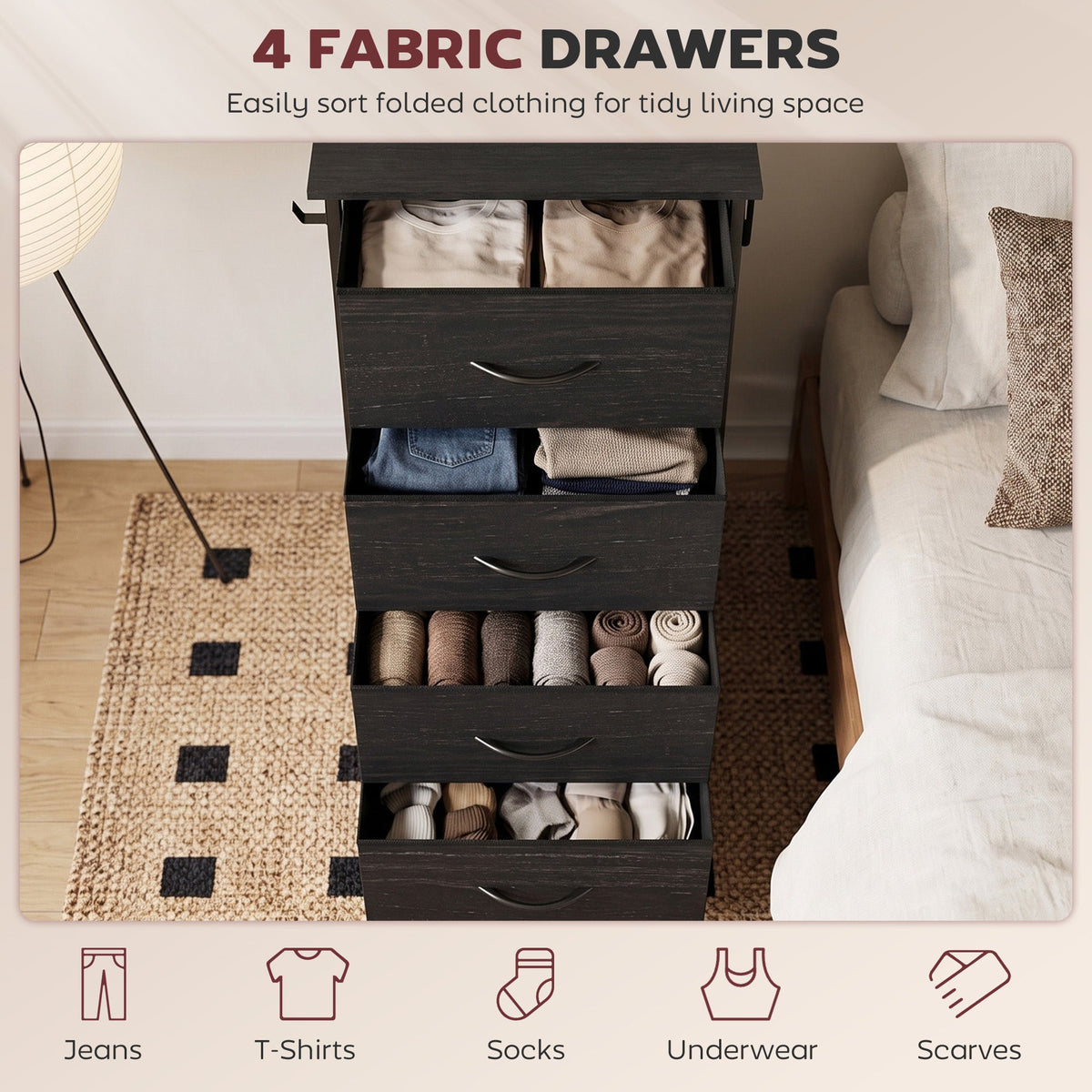 Chest of Drawers, Dresser for Bedroom with 4 Fabric Drawers, Tall Storage Unit with 4 Pockets, 2 Hooks and Steel Frame for Living Room, Hallway, Black