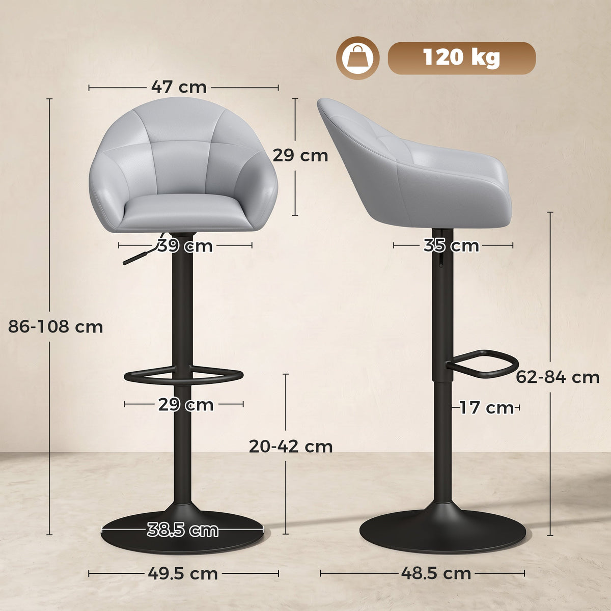 Breakfast Bar Stools Set of 2, Modern Faux Leather Swivel Barstools, Adjustable Counter Height Bar Chairs with Backrest, Arm, Footrest for Kitchen Island, Dining Room, Bar, Grey