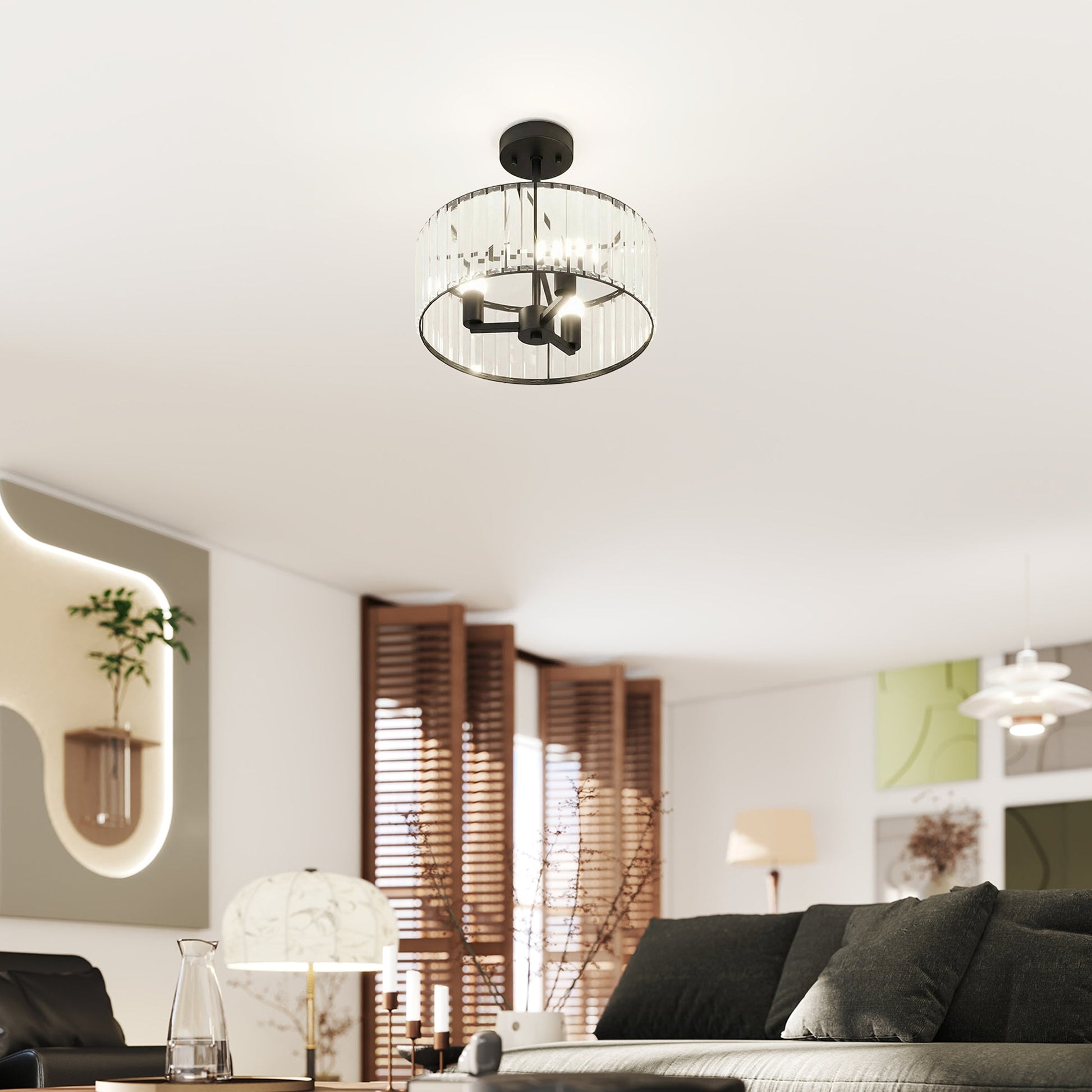 Crystal Ceiling Light Fixture, Semi Flush Mount Modern Crystal Chandelier Ceiling Light for Living Room, Bedroom, Hallway, Dining Room, E14 Base 3-Lights, Bulbs Not Included, Black