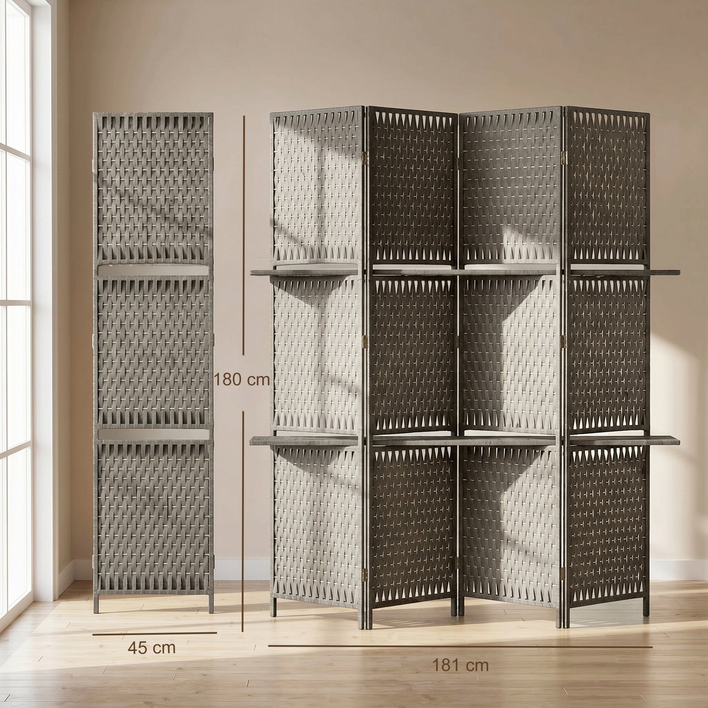 4-Panel Room Divider with Shelves, Wave Fibre Freestanding Folding Privacy Screen Panels, Partition Wall Divider for Indoor Bedroom Office, 180 cm, Grey