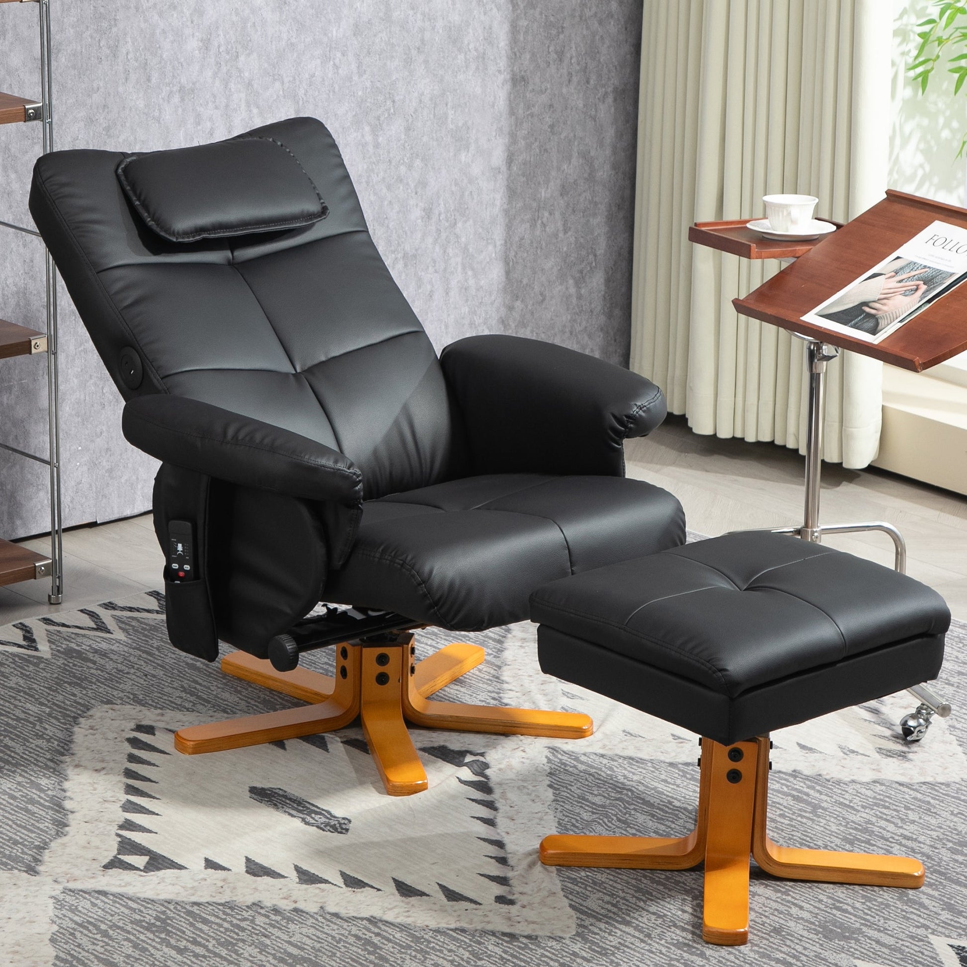 HOMCOM Massage Recliner Chair with Footstool, Upholstered Armchair with Adjustable Backrest, Remote Control, Hidden Storage and Charger for Living Room, Bedroom, Black