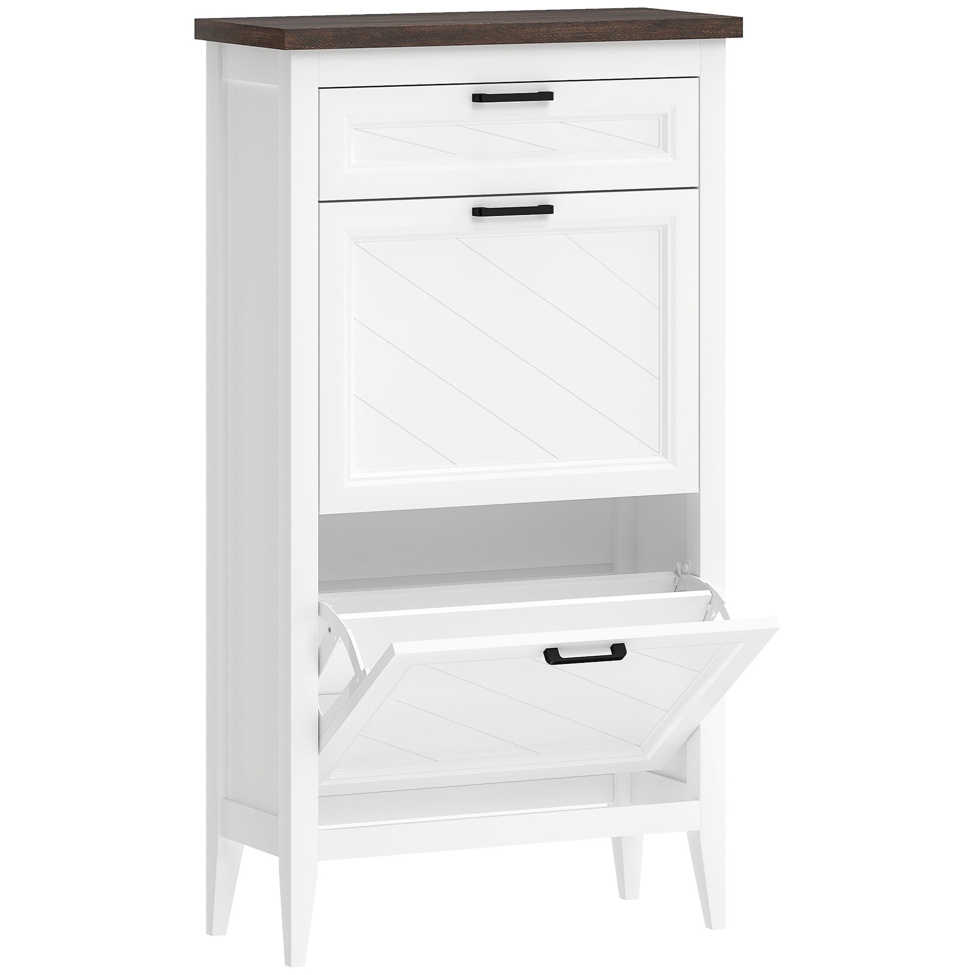 Shoe Cabinet with 2 Flip Drawers, Farmhouse Narrow Shoe Storage Cabinet with Adjustable Shelves, Storage Drawer, Freestanding for Entryway, Hallway, Living Room, Holds 8-12 Pairs, White
