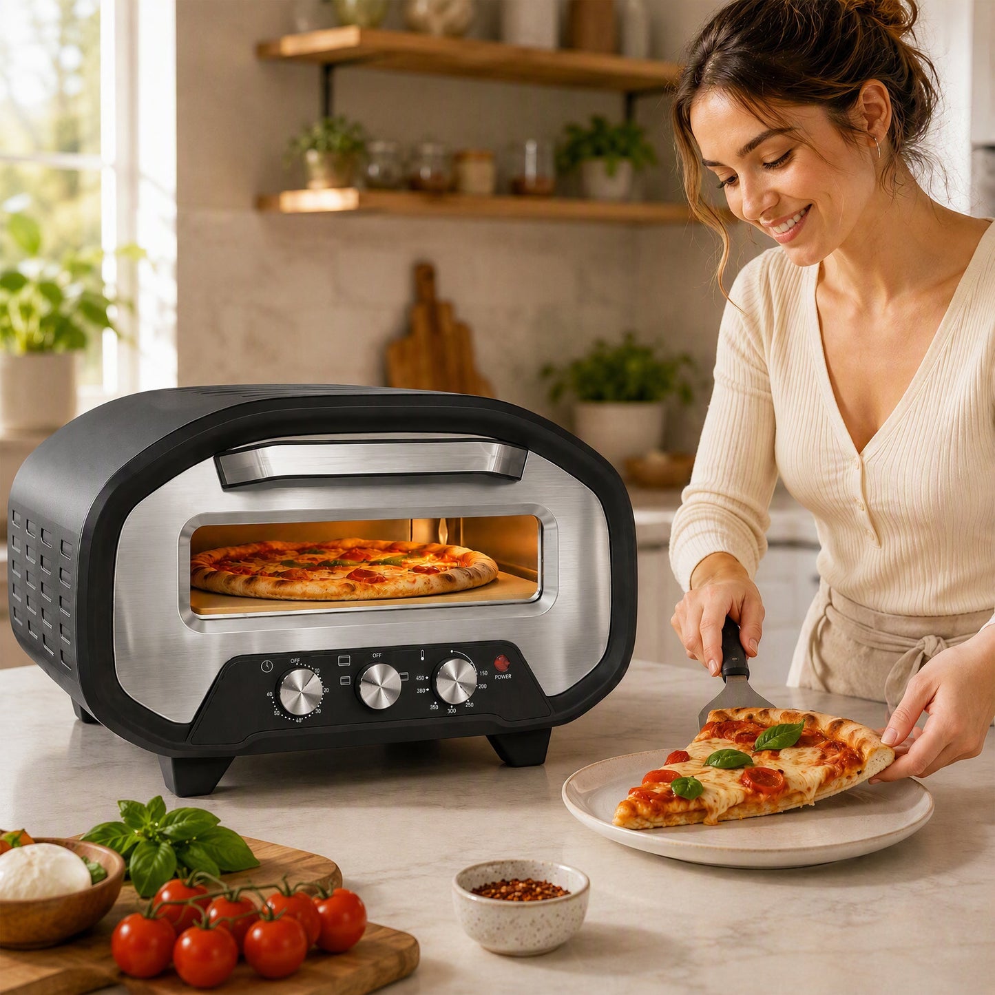 Pizza Oven Indoor, 12 Inch Electric Countertop Pizza Maker with 3 Knob Control, 430°C, 60-Min Timer, Ceramic Stone, Viewing Window, 2200W