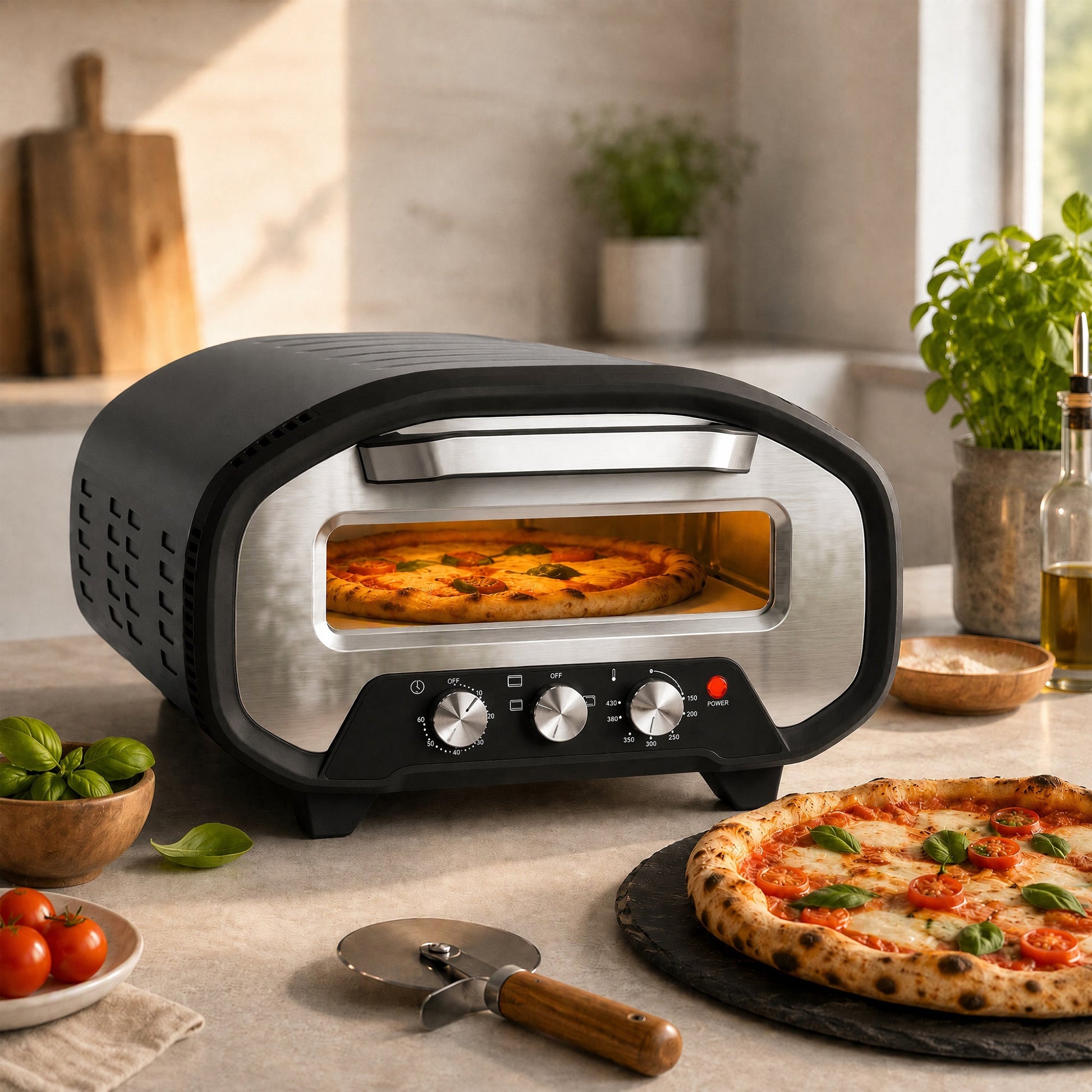 Pizza Oven Indoor, 12 Inch Electric Countertop Pizza Maker with 3 Knob Control, 430°C, 60-Min Timer, Ceramic Stone, Viewing Window, 2200W