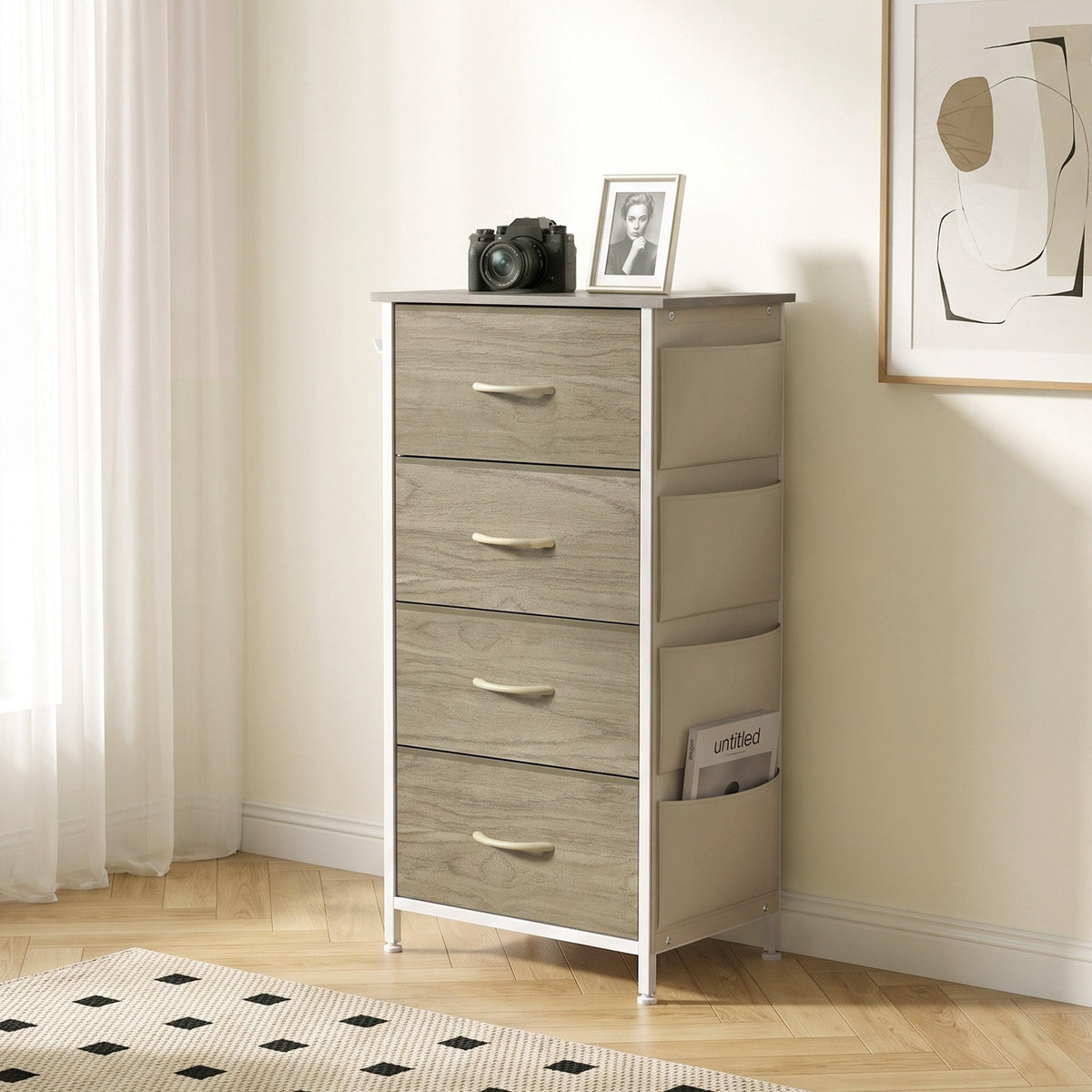 Chest of Drawers, Dresser for Bedroom with 4 Fabric Drawers, Tall Storage Unit with 4 Pockets, 2 Hooks and Steel Frame for Living Room, Hallway, Natural Wood Finish