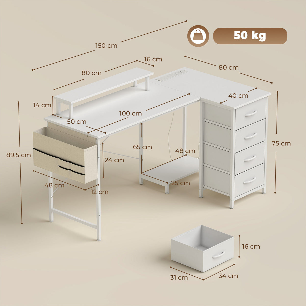 Reversible L Shaped Desk with Drawers, 150 x 80 cm Corner Computer Desk with Power Outlets & USB Ports, Monitor Shelf, Home Office Workstation, PC Stand for Gaming, Study, White