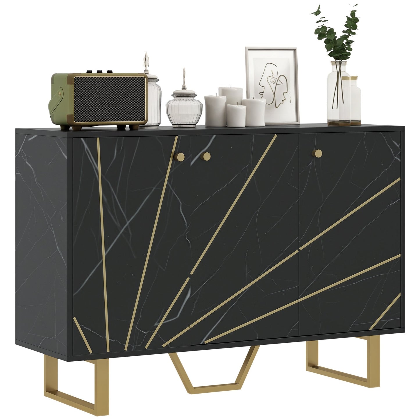 Sideboard Storage Cabinet, Modern Storage Cupboard with Adjustable Shelves and Metal Legs for Living Room, Kitchen, Dining Room, Entryway, Black Marble Tone