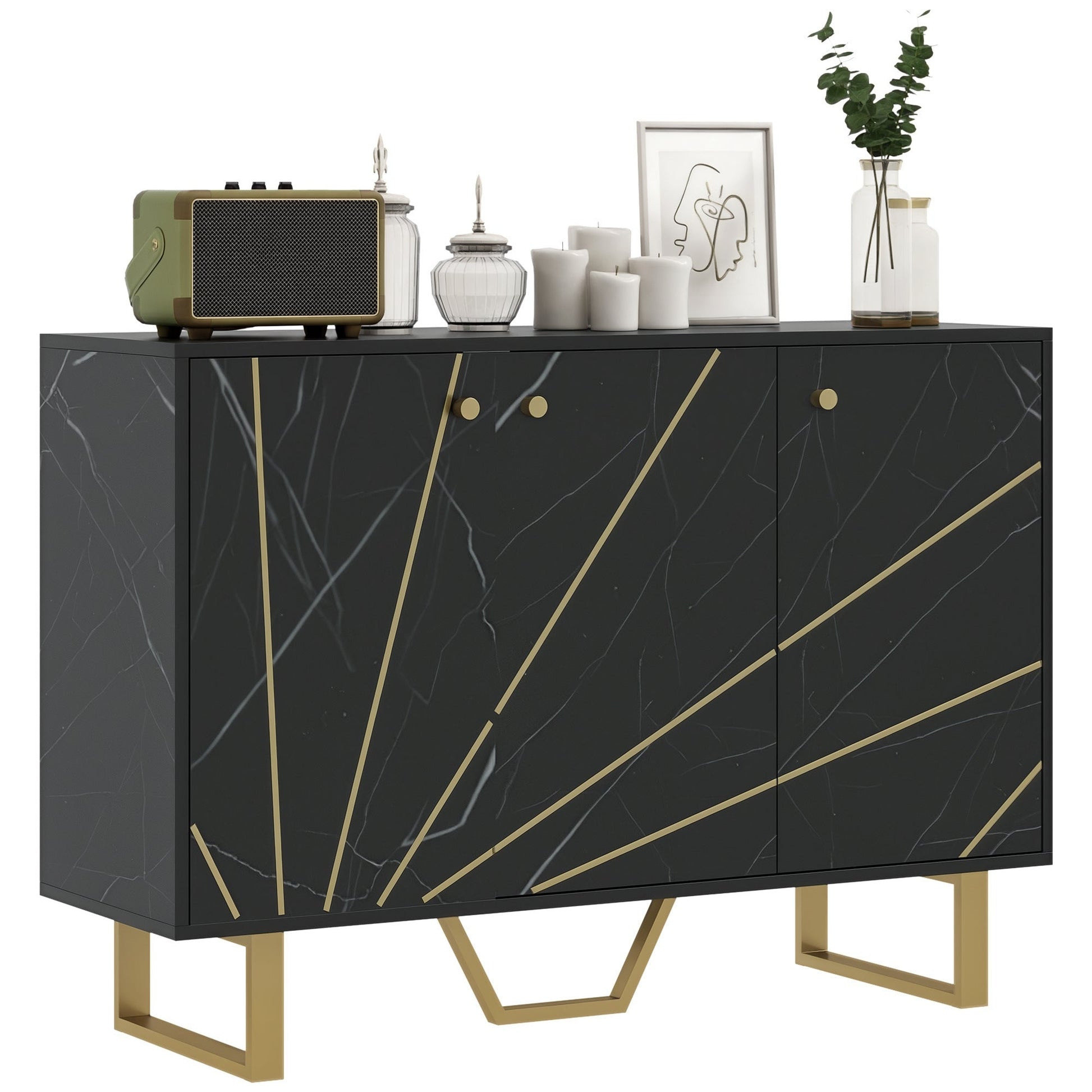 Sideboard Storage Cabinet, Modern Storage Cupboard with Adjustable Shelves and Metal Legs for Living Room, Kitchen, Dining Room, Entryway, Black Marble Tone