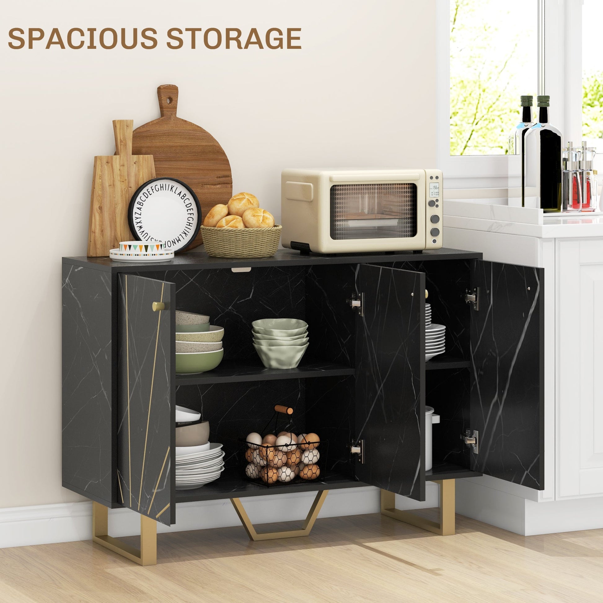 Sideboard Storage Cabinet, Modern Storage Cupboard with Adjustable Shelves and Metal Legs for Living Room, Kitchen, Dining Room, Entryway, Black Marble Tone