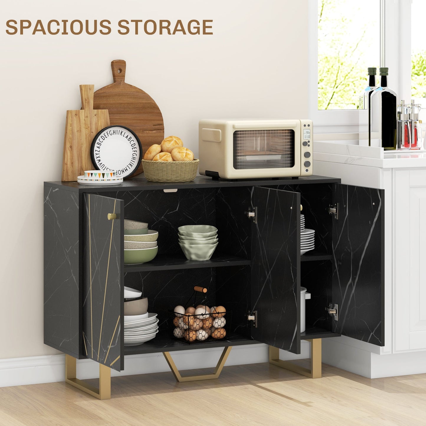 Sideboard Storage Cabinet, Modern Storage Cupboard with Adjustable Shelves and Metal Legs for Living Room, Kitchen, Dining Room, Entryway, Black Marble Tone