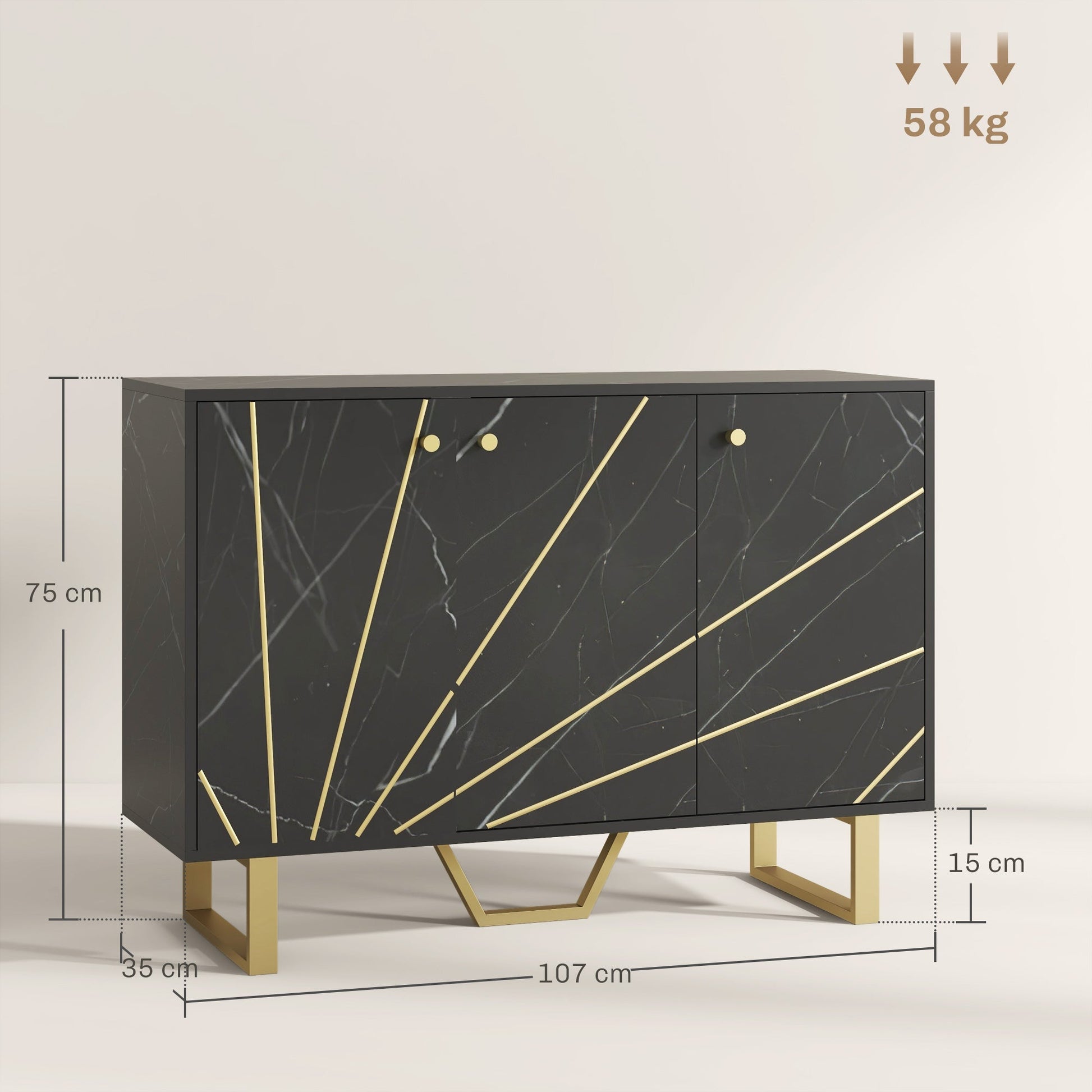 Sideboard Storage Cabinet, Modern Storage Cupboard with Adjustable Shelves and Metal Legs for Living Room, Kitchen, Dining Room, Entryway, Black Marble Tone