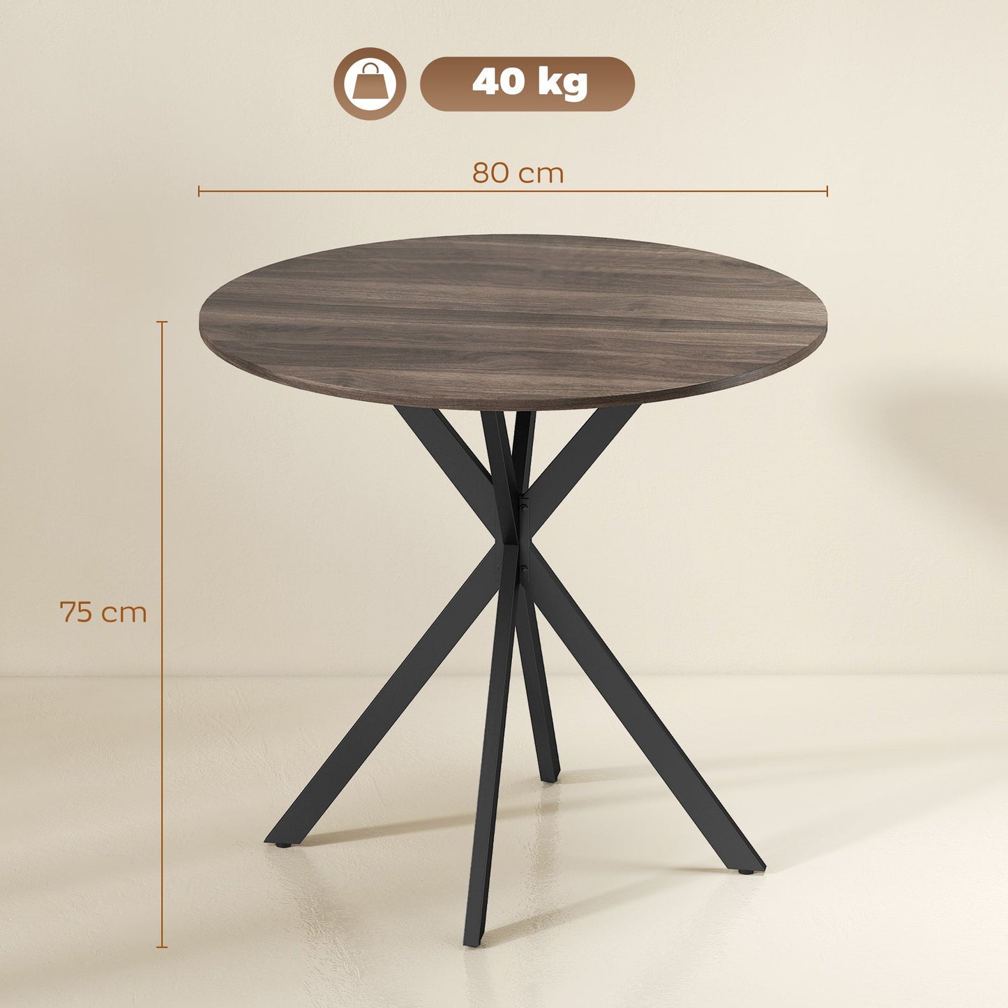 80cm Round Dining Table, Industrial Kitchen Table with Cross Steel Legs for Dining Room, Kitchen, Living Room, Brown