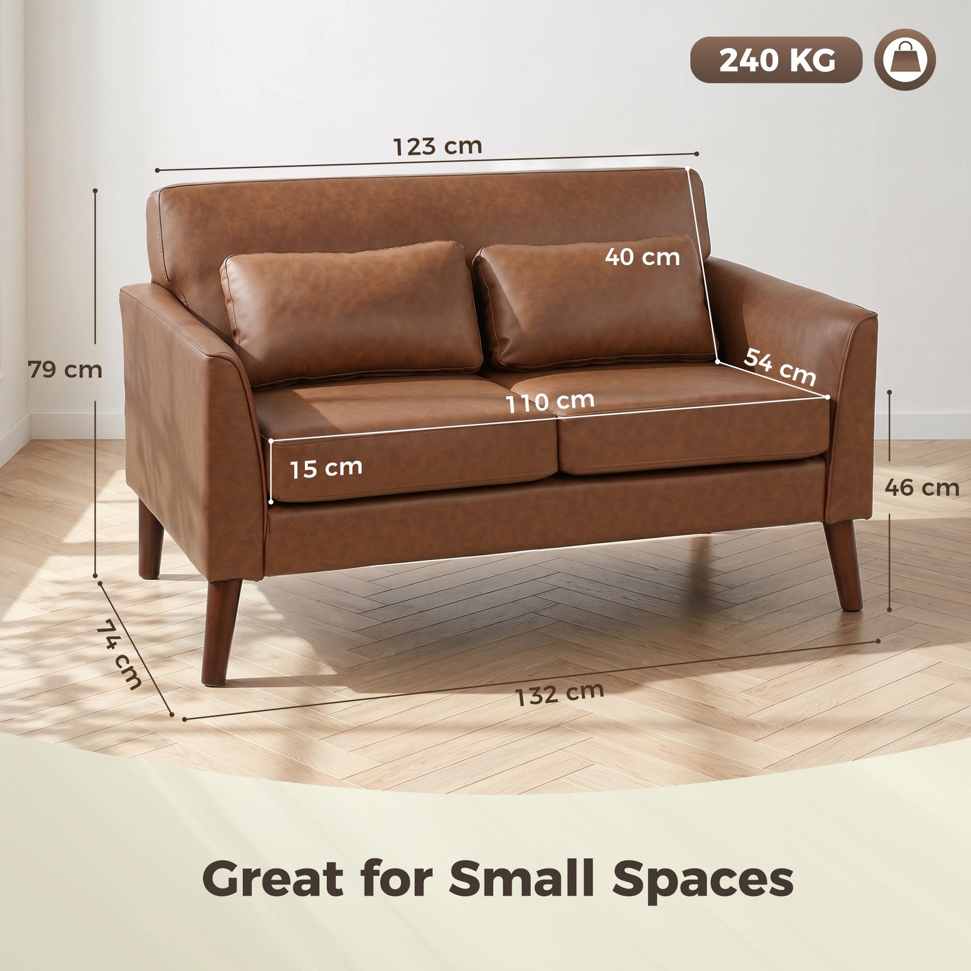 2 Seater Sofa, 132 cm Modern Small Sofa, PU Leather Upholstered Loveseat with Solid Wood Legs and 2 Pillows, Couch Settee for Small Space, Living Room, Bedroom, Home Office, Brown