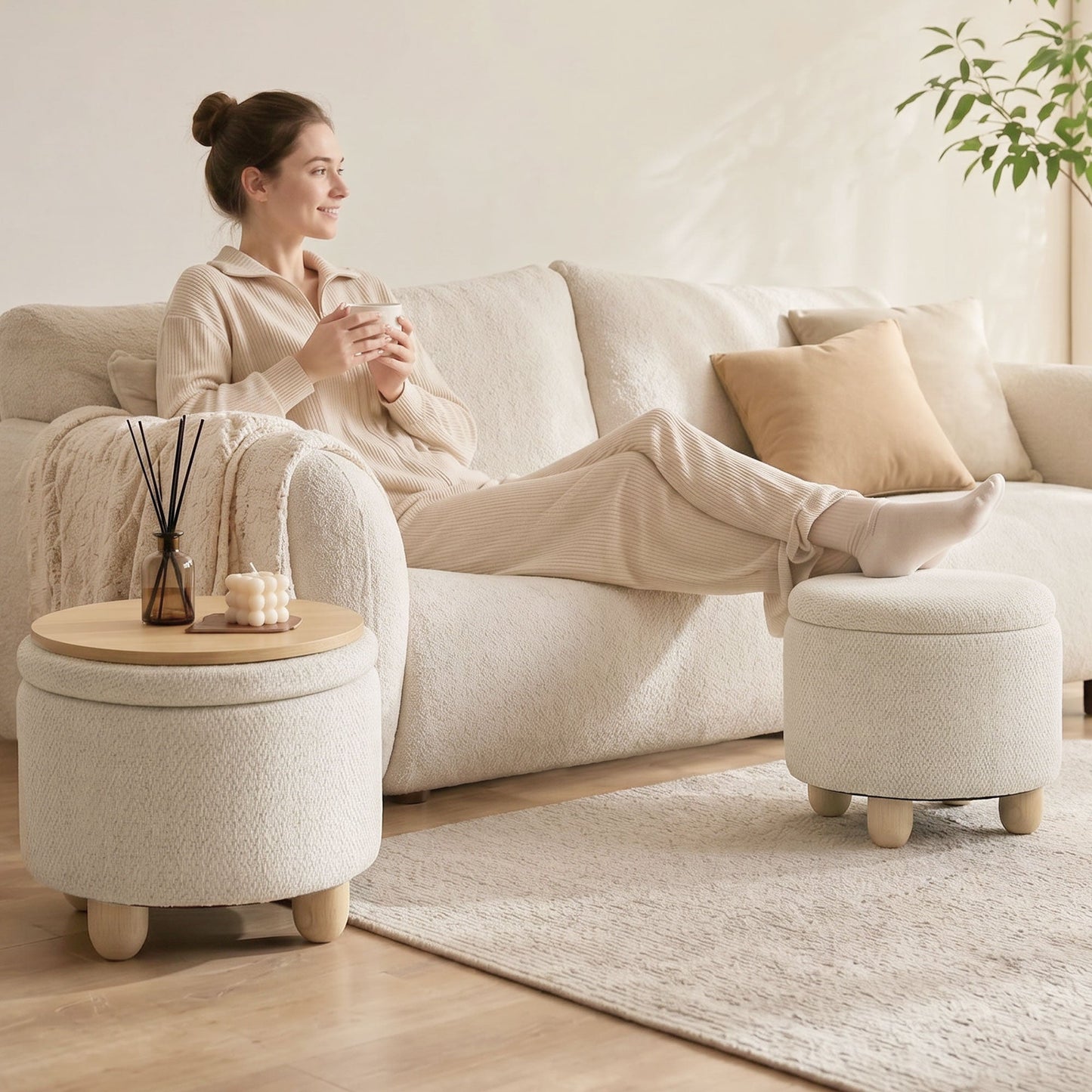 Storage Ottoman, Burlap Fabric Round Small Ottoman Foot Rest with Lid, Rubberwood Legs, End of Bed Bench Footstool for Bedroom, Hallway, Living Room, 38.5 x 38.5 cm, Beige
