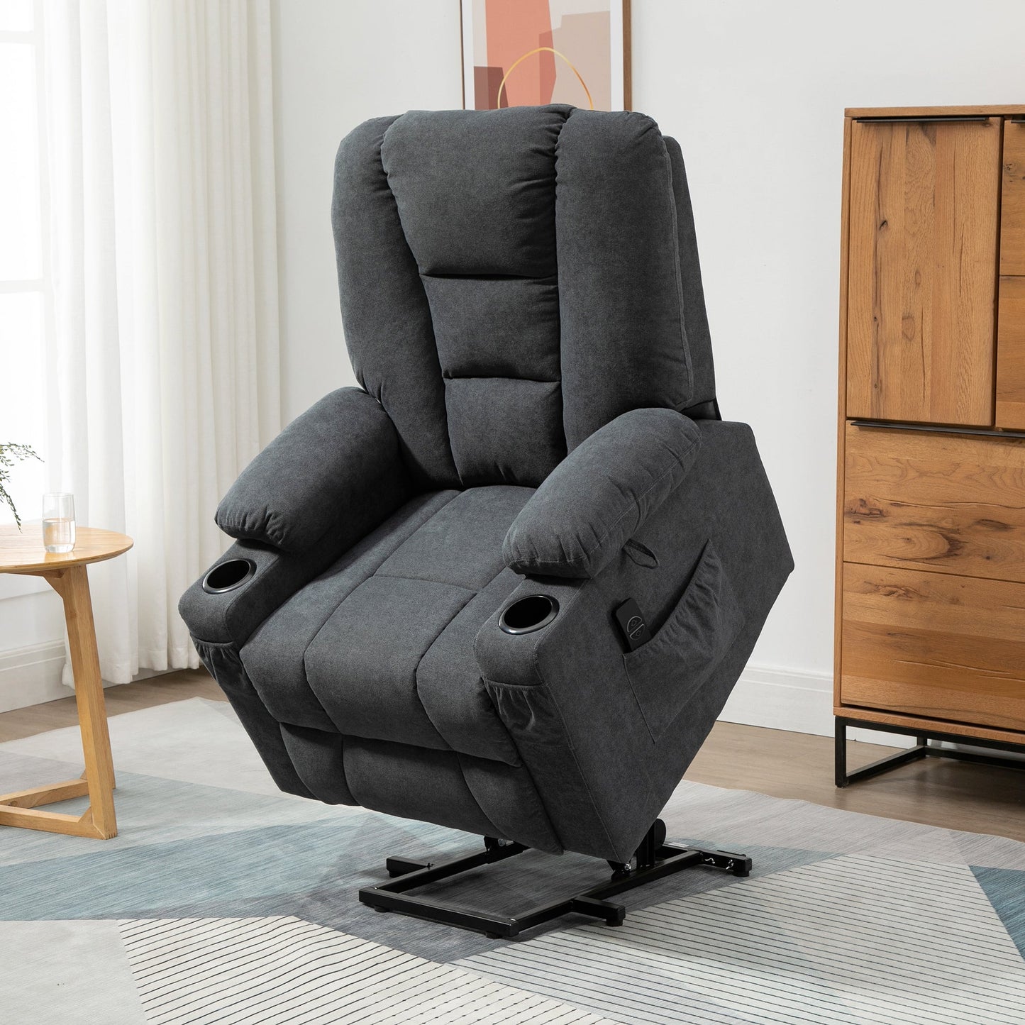 HOMCOM Oversized Riser and Recliner Chairs for the Elderly, Fabric Upholstered Lift Chair for Living Room with Remote Control, Side Pockets, Cup Holder, Charcoal Grey