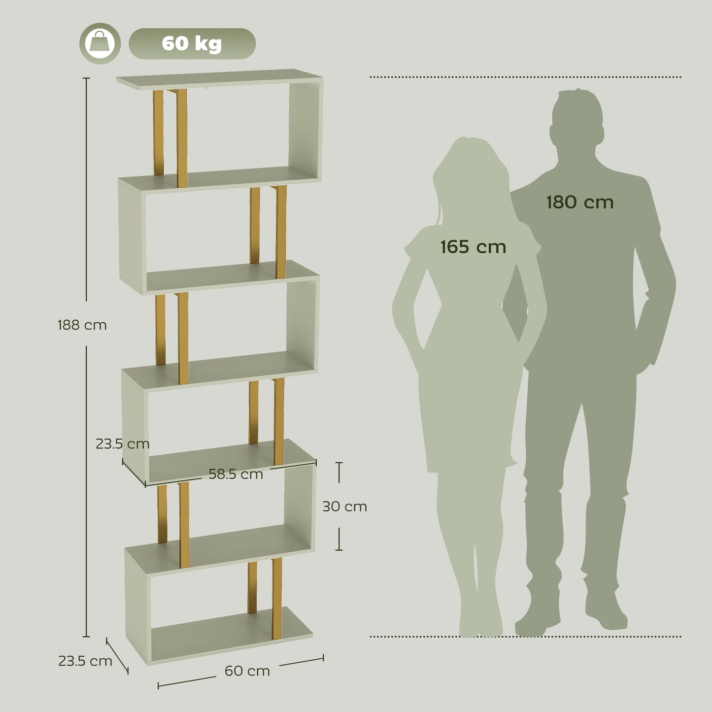 S-Shaped Bookshelf, 5-Tier Bookcase, Freestanding Storage Shelves with Anti-Tip Strap for Study, Living Room, Light Green