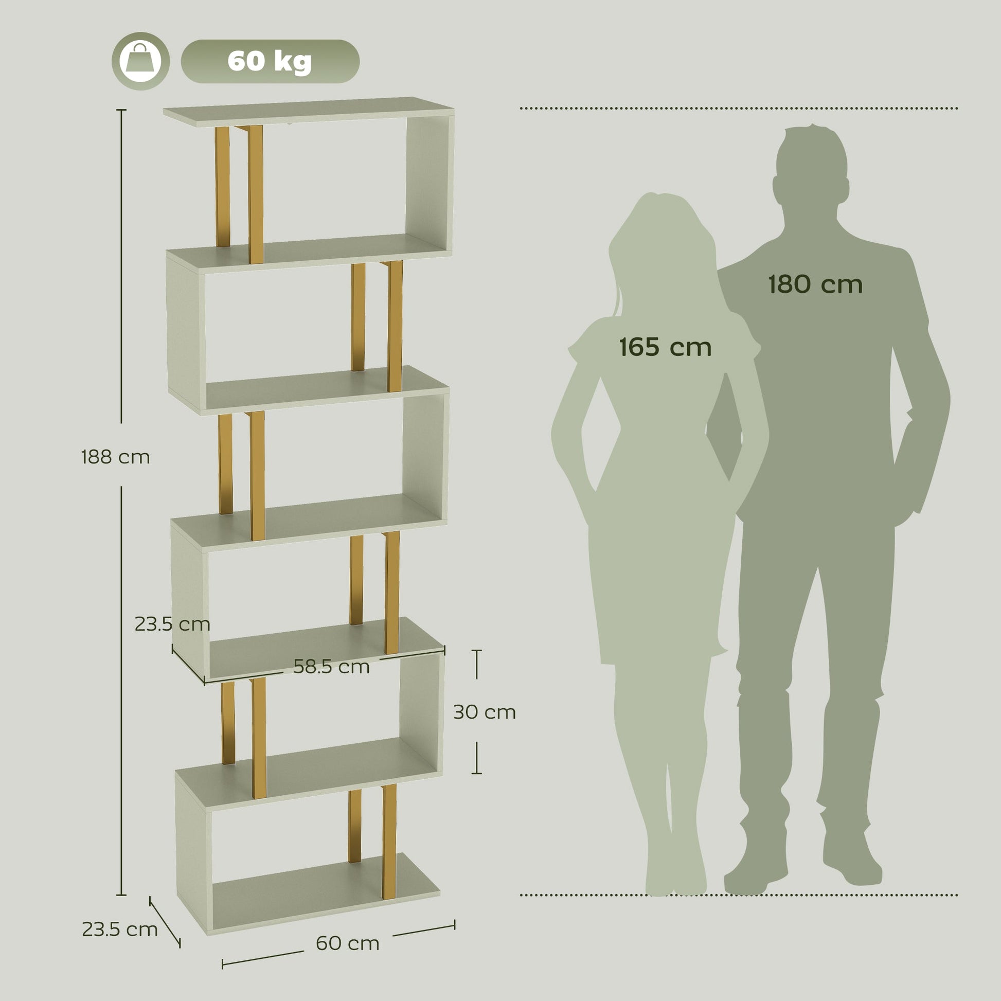 S-Shaped Bookshelf, 5-Tier Bookcase, Freestanding Storage Shelves with Anti-Tip Strap for Study, Living Room, Light Green