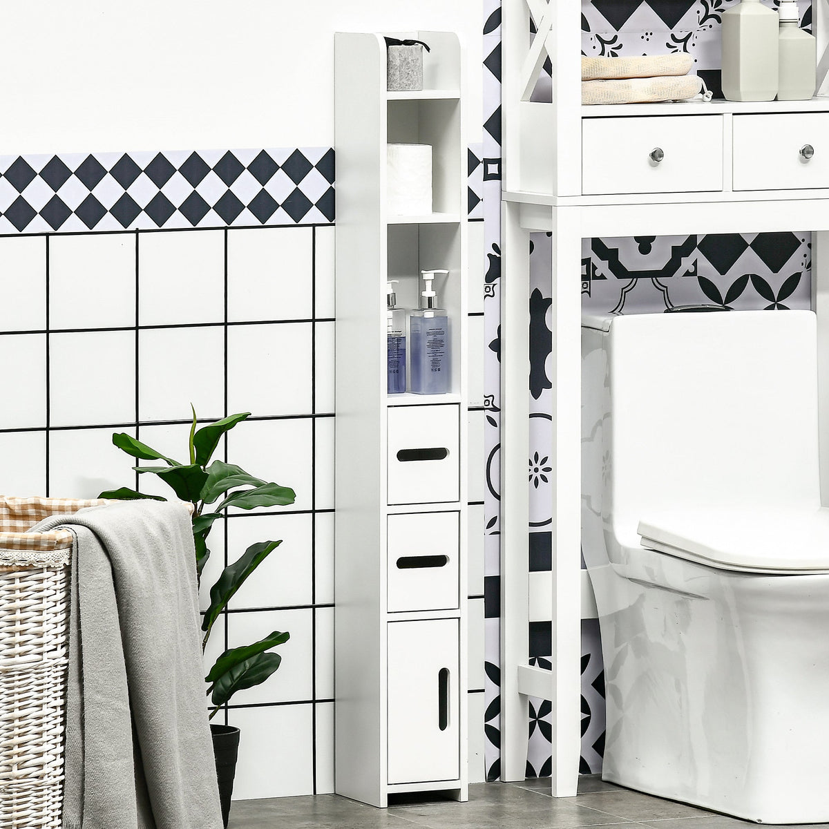 kleankin Modern Bathroom Storage Cabinet, Freestanding Tall Bathroom Cabinet with Open Shelves and 3 Cupboards with Door, for Bedroom Hallway, White