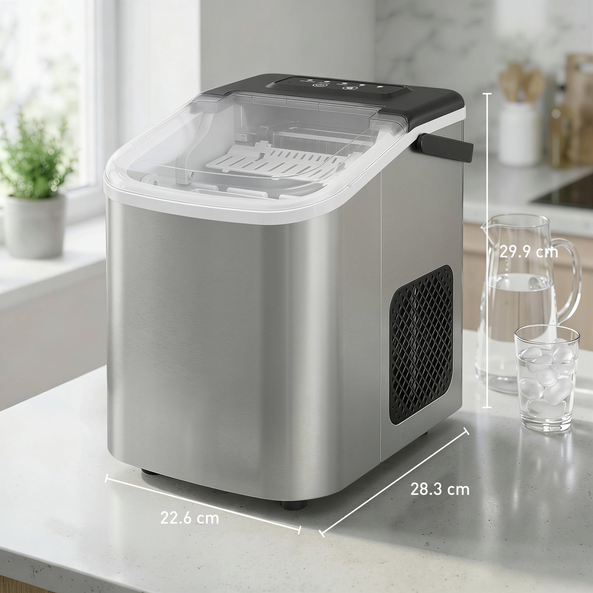 Ice Maker Machine Countertop, 9 Cubes Ready in 7 Mins, 12 KG in 24Hrs, 2 Sizes of Bullet, Self-Cleaning Ice Machine with Portable Handle, Scoop and Basket for Home Kitchen Office RV