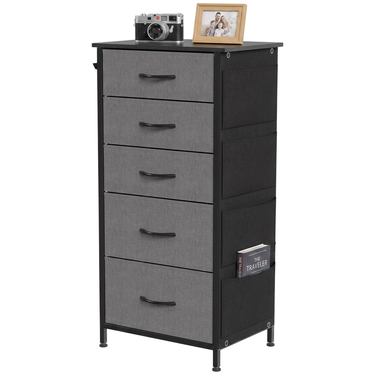 Chest of Drawers, Dresser for Bedroom with 5 Fabric Drawers, Tall Storage Unit with 4 Pockets, 2 Hooks and Steel Frame for Living Room, Hallway, Charcoal Grey