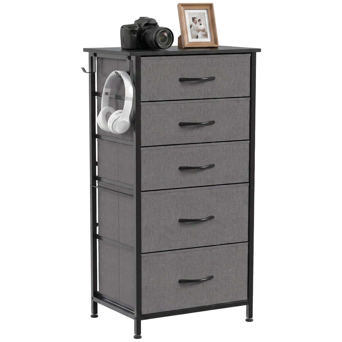 Chest of Drawers, Dresser for Bedroom with 5 Fabric Drawers, Tall Storage Unit with 4 Pockets, 2 Hooks and Steel Frame for Living Room, Hallway, Charcoal Grey