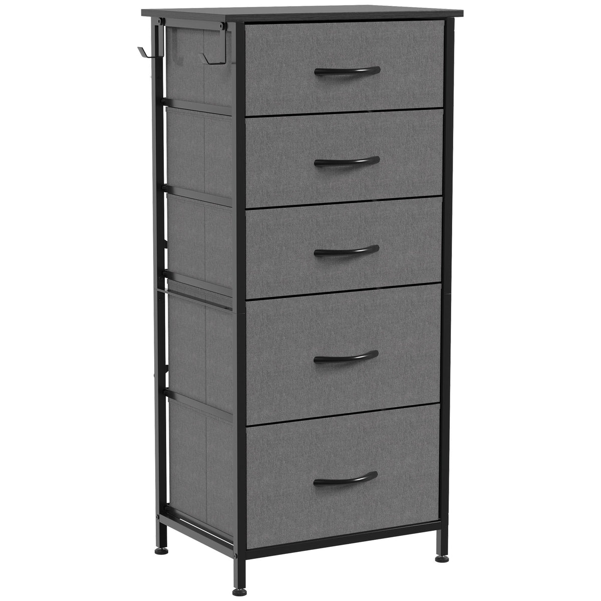 Chest of Drawers, Dresser for Bedroom with 5 Fabric Drawers, Tall Storage Unit with 4 Pockets, 2 Hooks and Steel Frame for Living Room, Hallway, Charcoal Grey