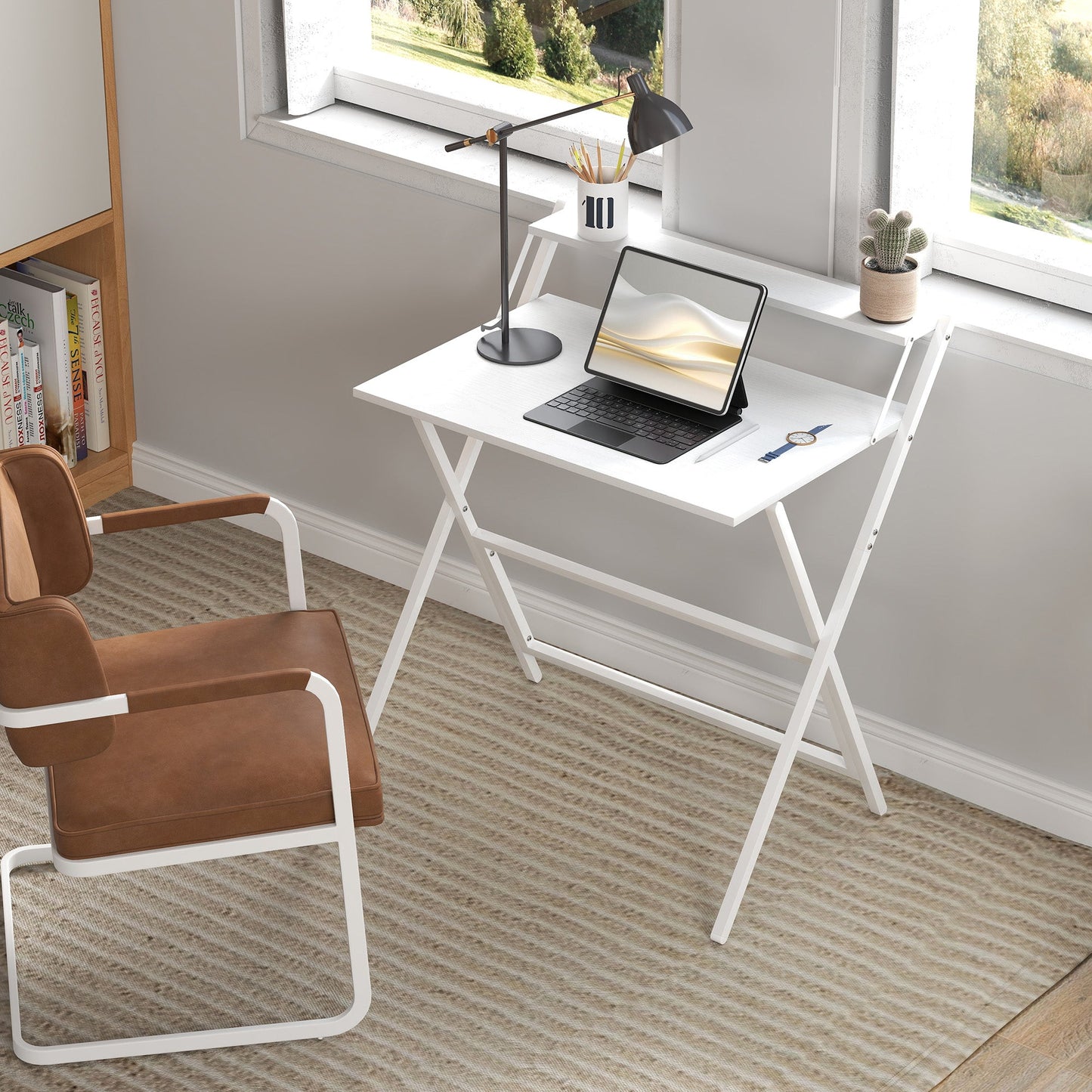 Folding Desk with Monitor Shelf, 81.5 cm Foldable Computer Desk for Small Spaces, Space Saving Writing Table Workstation for Home Office, Study, Easy Assembly, White