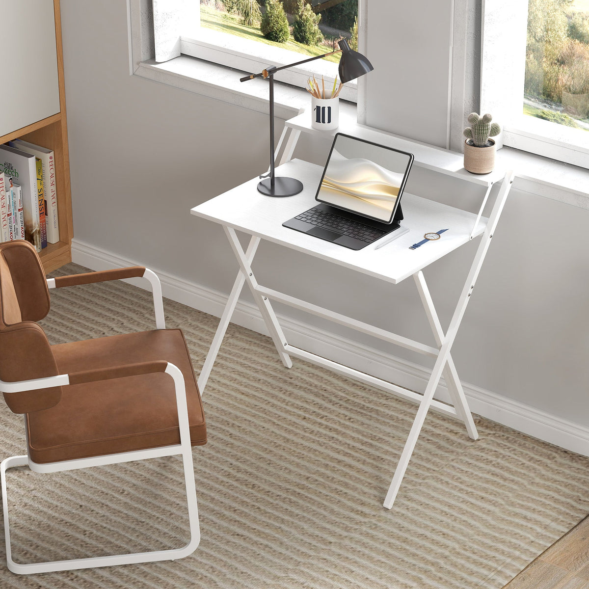 Folding Desk with Monitor Shelf, 81.5 cm Foldable Computer Desk for Small Spaces, Space Saving Writing Table Workstation for Home Office, Study, Easy Assembly, White