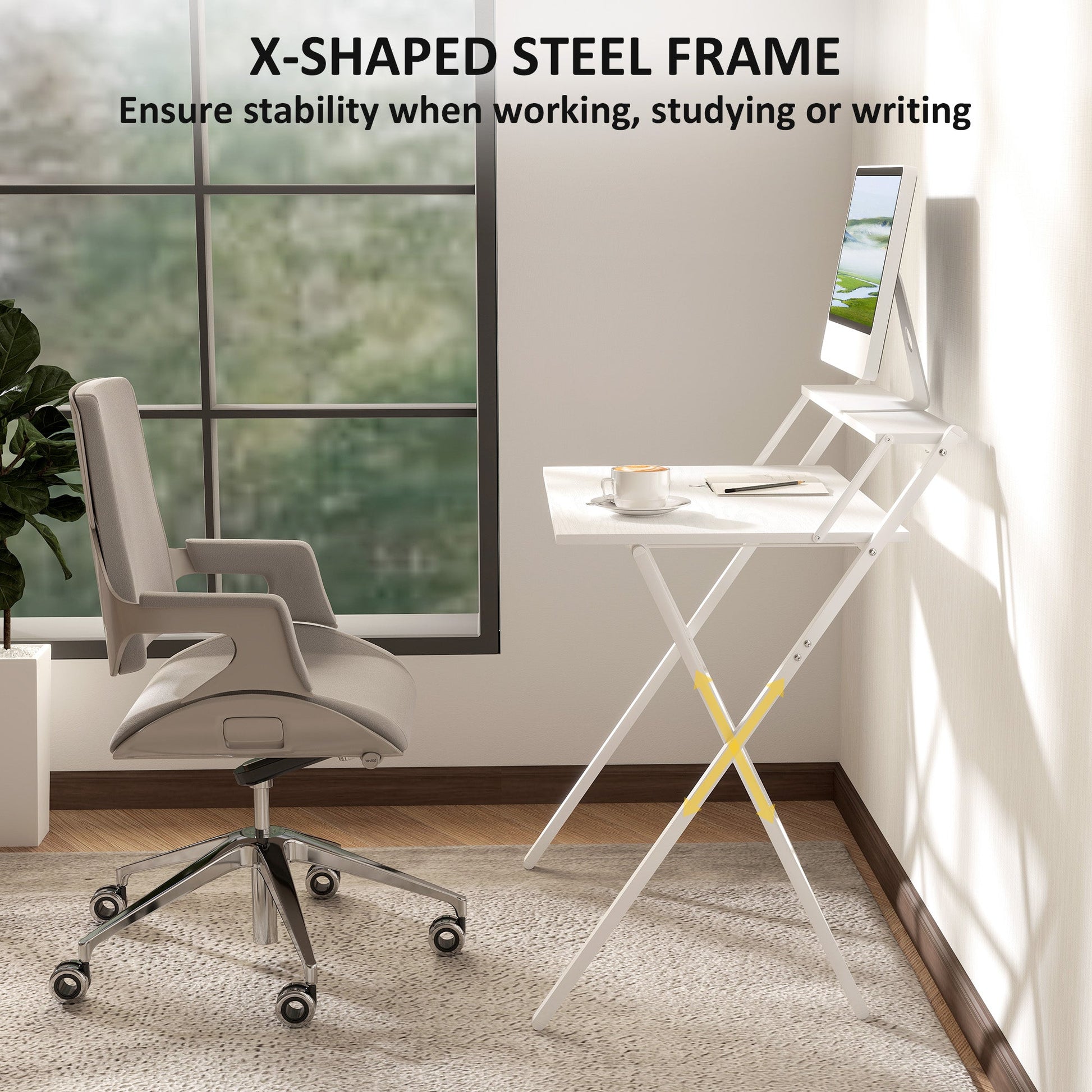 Folding Desk with Monitor Shelf, 81.5 cm Foldable Computer Desk for Small Spaces, Space Saving Writing Table Workstation for Home Office, Study, Easy Assembly, White