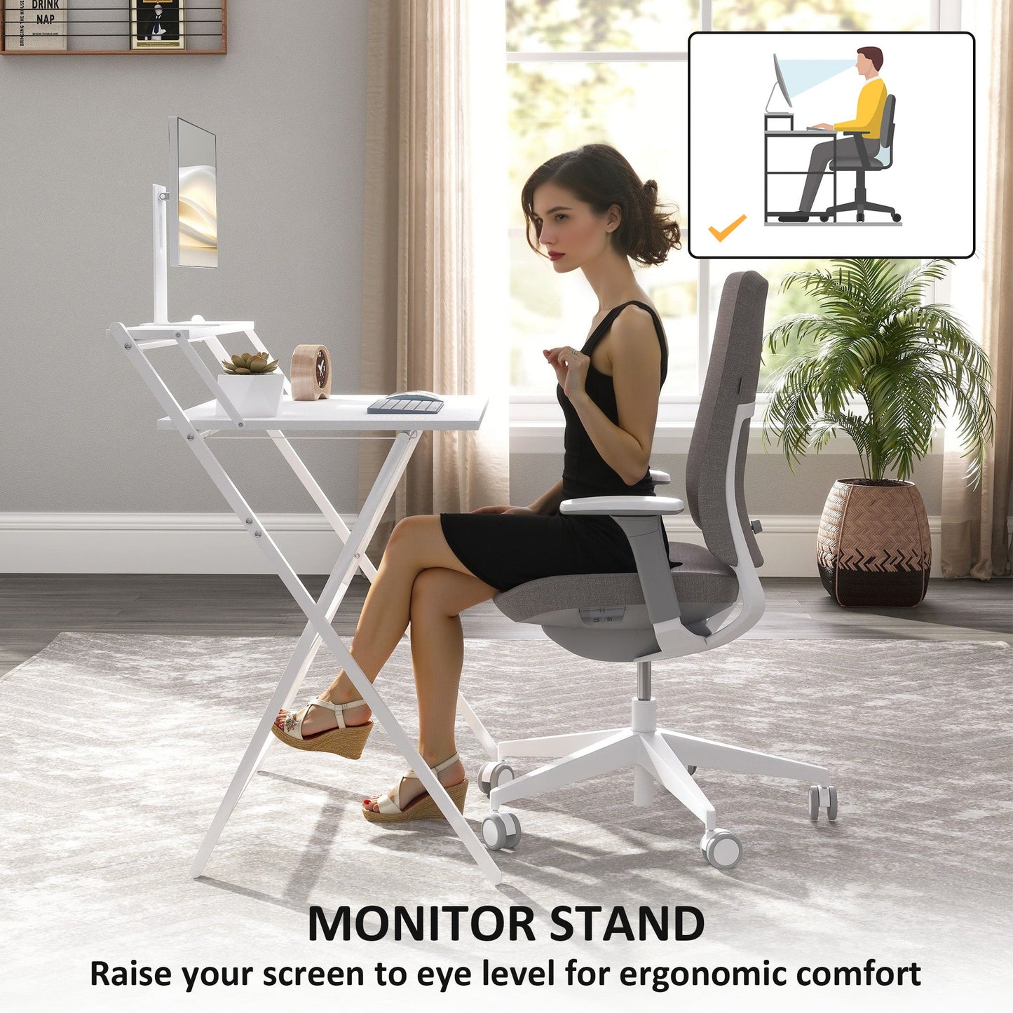 Folding Desk with Monitor Shelf, 81.5 cm Foldable Computer Desk for Small Spaces, Space Saving Writing Table Workstation for Home Office, Study, Easy Assembly, White