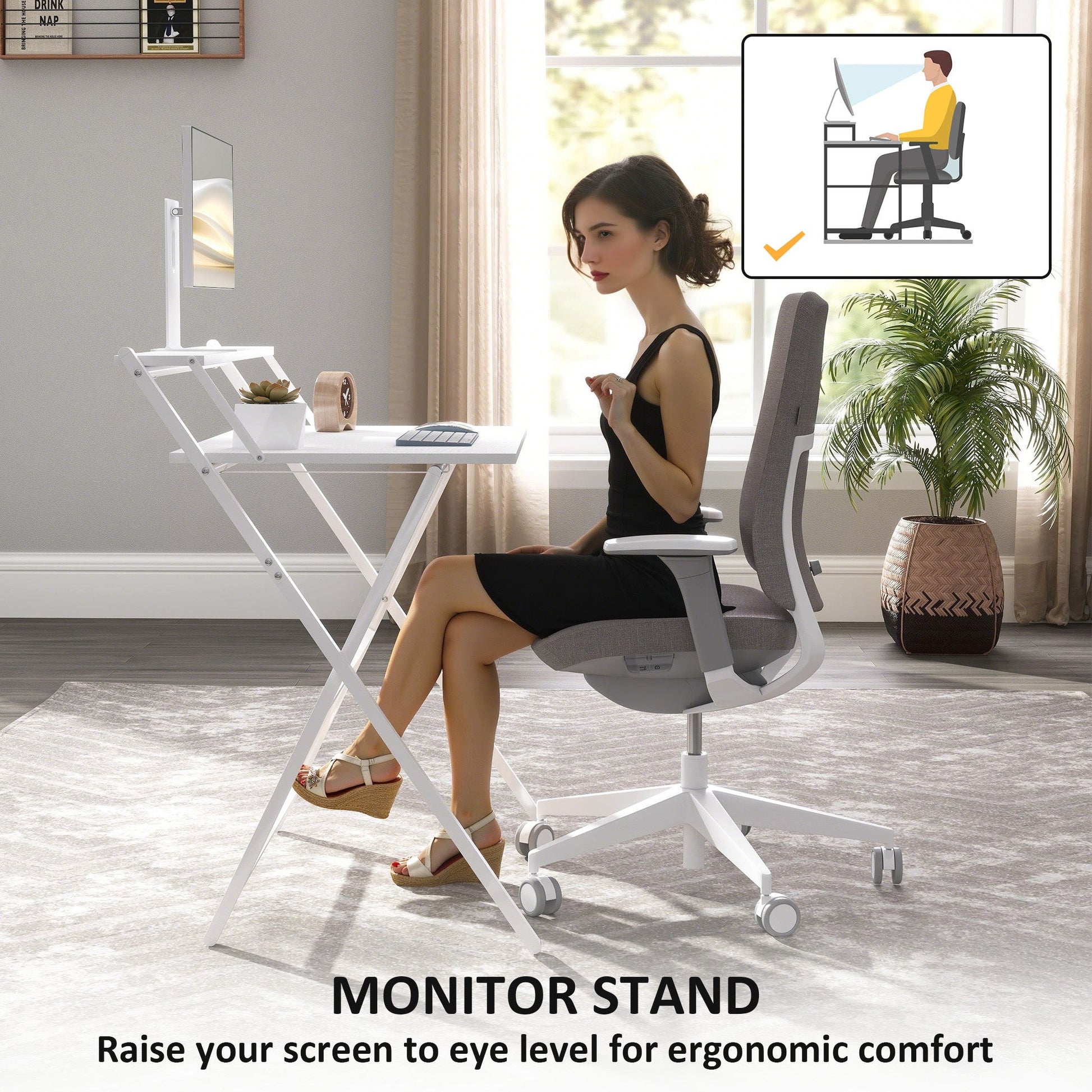Folding Desk with Monitor Shelf, 81.5 cm Foldable Computer Desk for Small Spaces, Space Saving Writing Table Workstation for Home Office, Study, Easy Assembly, White