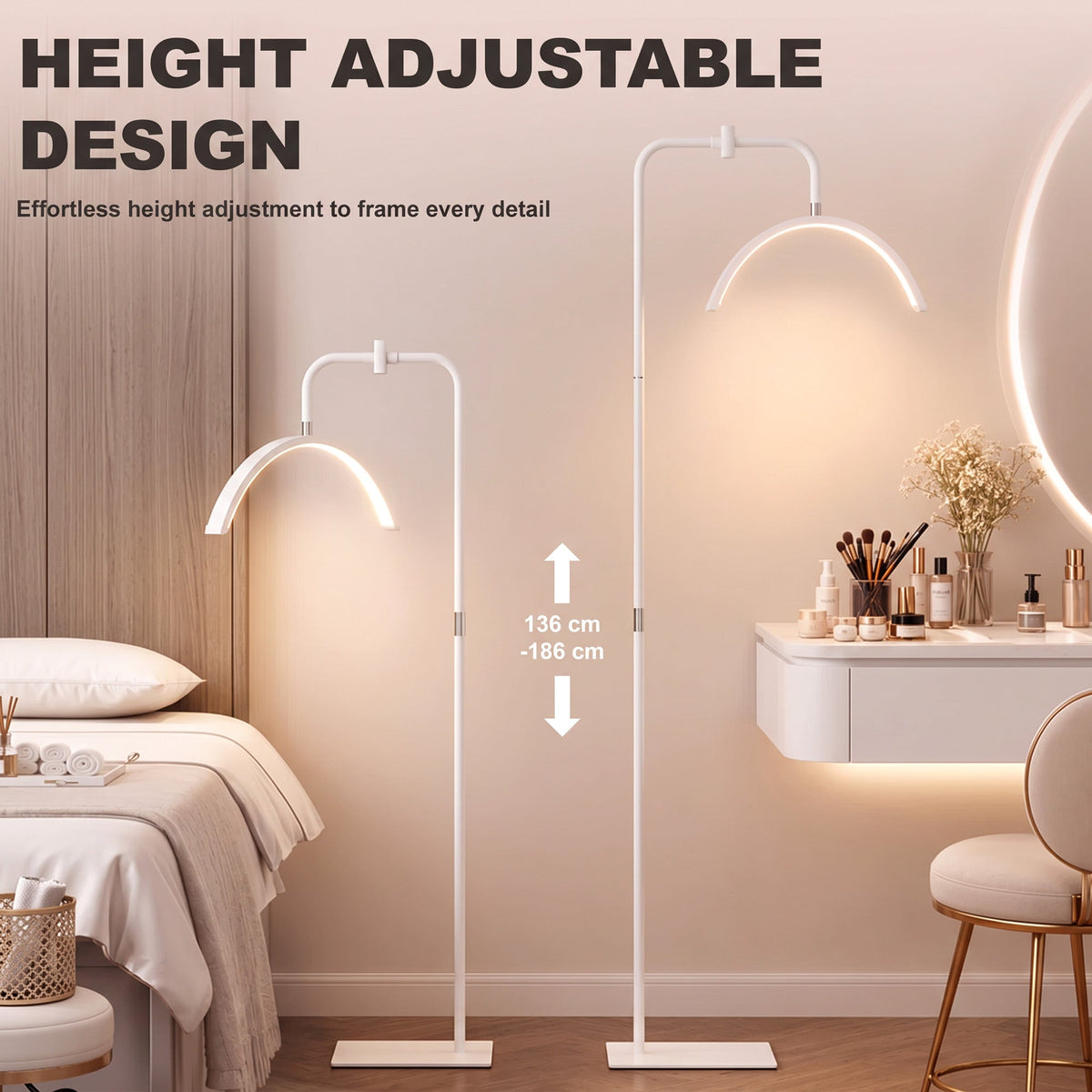 Half Moon Lash Light, Beauty Floor Lamp with 350° Rotatable Head, 7 Colour Temperature and Phone Holder, Dimmable Standing Lamp for Eyelash Extension, Tattoo, Nails, Skincare, White