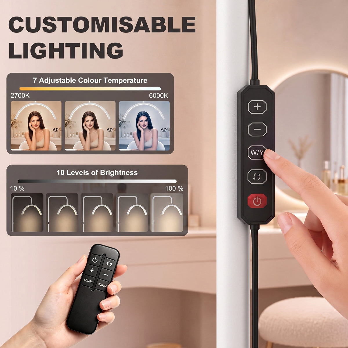 Half Moon Lash Light, Beauty Floor Lamp with 350° Rotatable Head, 7 Colour Temperature and Phone Holder, Dimmable Standing Lamp for Eyelash Extension, Tattoo, Nails, Skincare, White