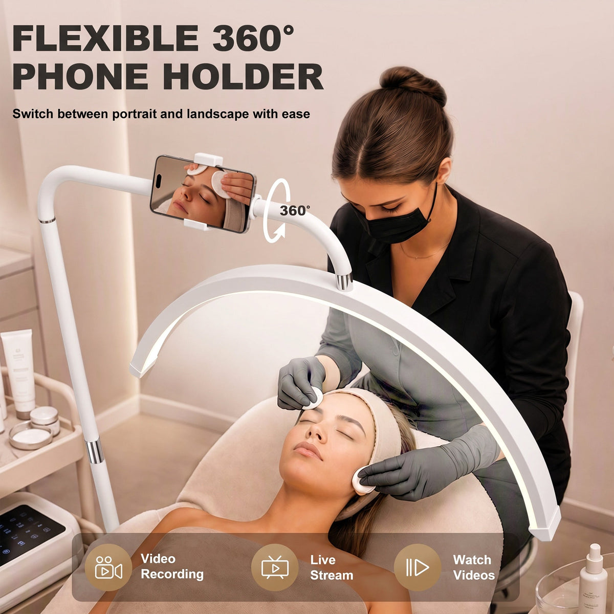 Half Moon Lash Light, Beauty Floor Lamp with 350° Rotatable Head, 7 Colour Temperature and Phone Holder, Dimmable Standing Lamp for Eyelash Extension, Tattoo, Nails, Skincare, White