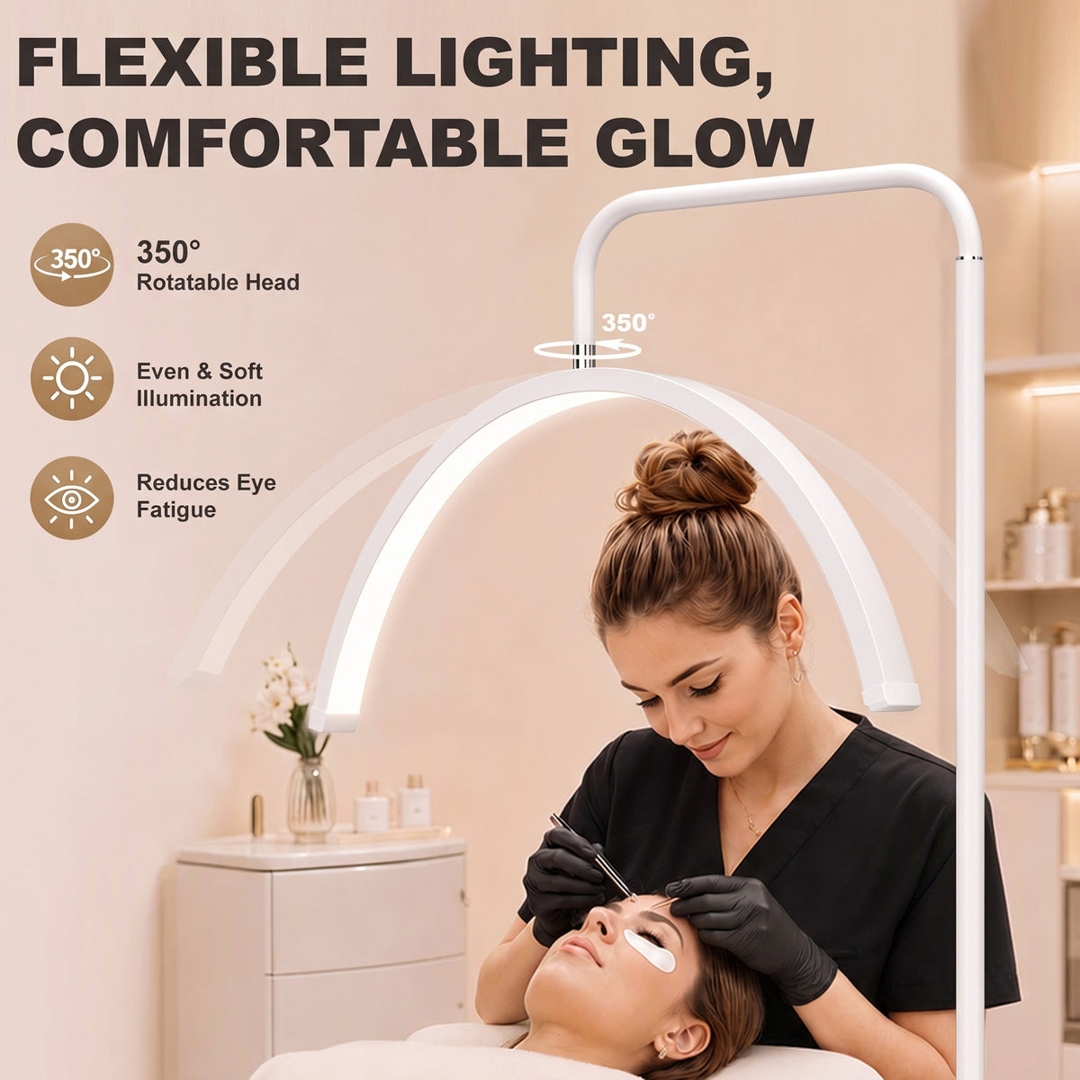 Half Moon Lash Light, Beauty Floor Lamp with 350° Rotatable Head, 7 Colour Temperature and Phone Holder, Dimmable Standing Lamp for Eyelash Extension, Tattoo, Nails, Skincare, White