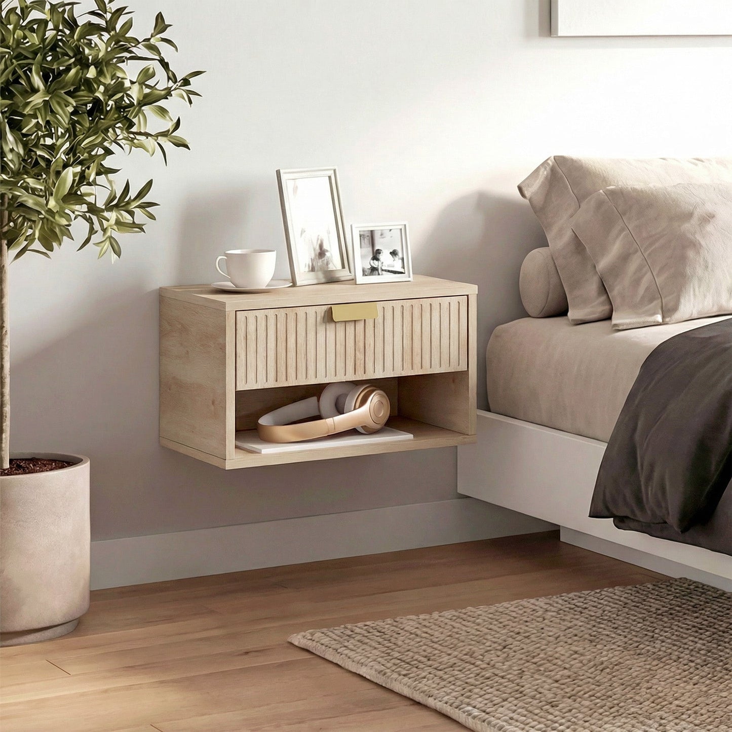 Floating Bedside Tables Set of 2, Wall Mounted Nightstands with Fluted Drawer and Open Shelf for Small Bedroom, Modern Bedside Table, 40 x 30 x 25 cm, Oak