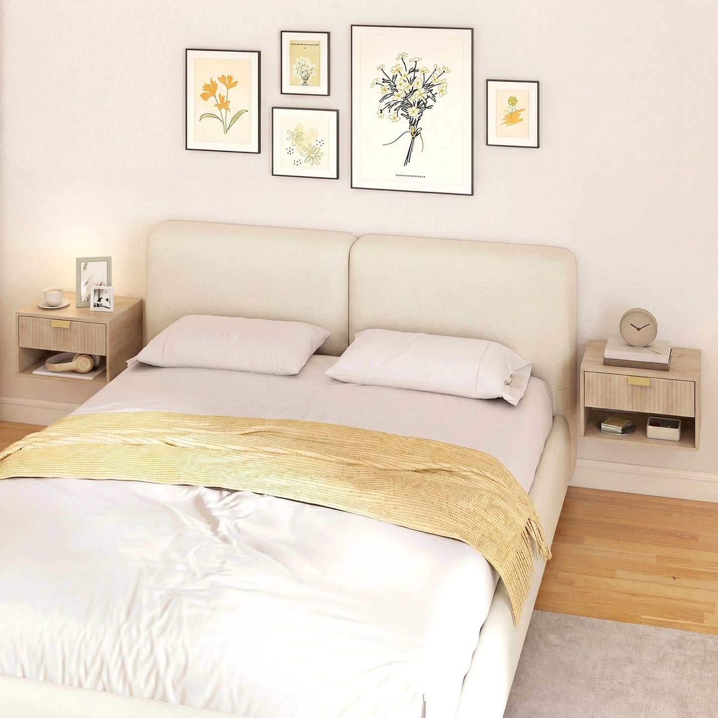 Floating Bedside Tables Set of 2, Wall Mounted Nightstands with Fluted Drawer and Open Shelf for Small Bedroom, Modern Bedside Table, 40 x 30 x 25 cm, Oak