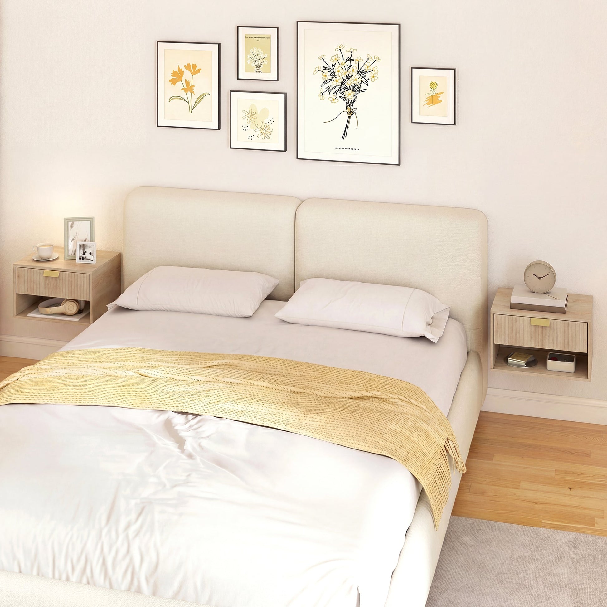 Floating Bedside Tables Set of 2, Wall Mounted Nightstands with Fluted Drawer and Open Shelf for Small Bedroom, Modern Bedside Table, 40 x 30 x 25 cm, Oak