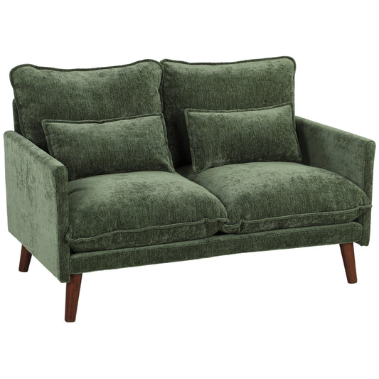 2 Seater Sofa, 131cm Velvet-Feel Fabric Loveseat Sofa with Spring Cushions, Wide and Deep Seat, Wood Legs, 2 Pillows, Modern Couch Settee for Small Space, Living Room, Bedroom, Office, Green