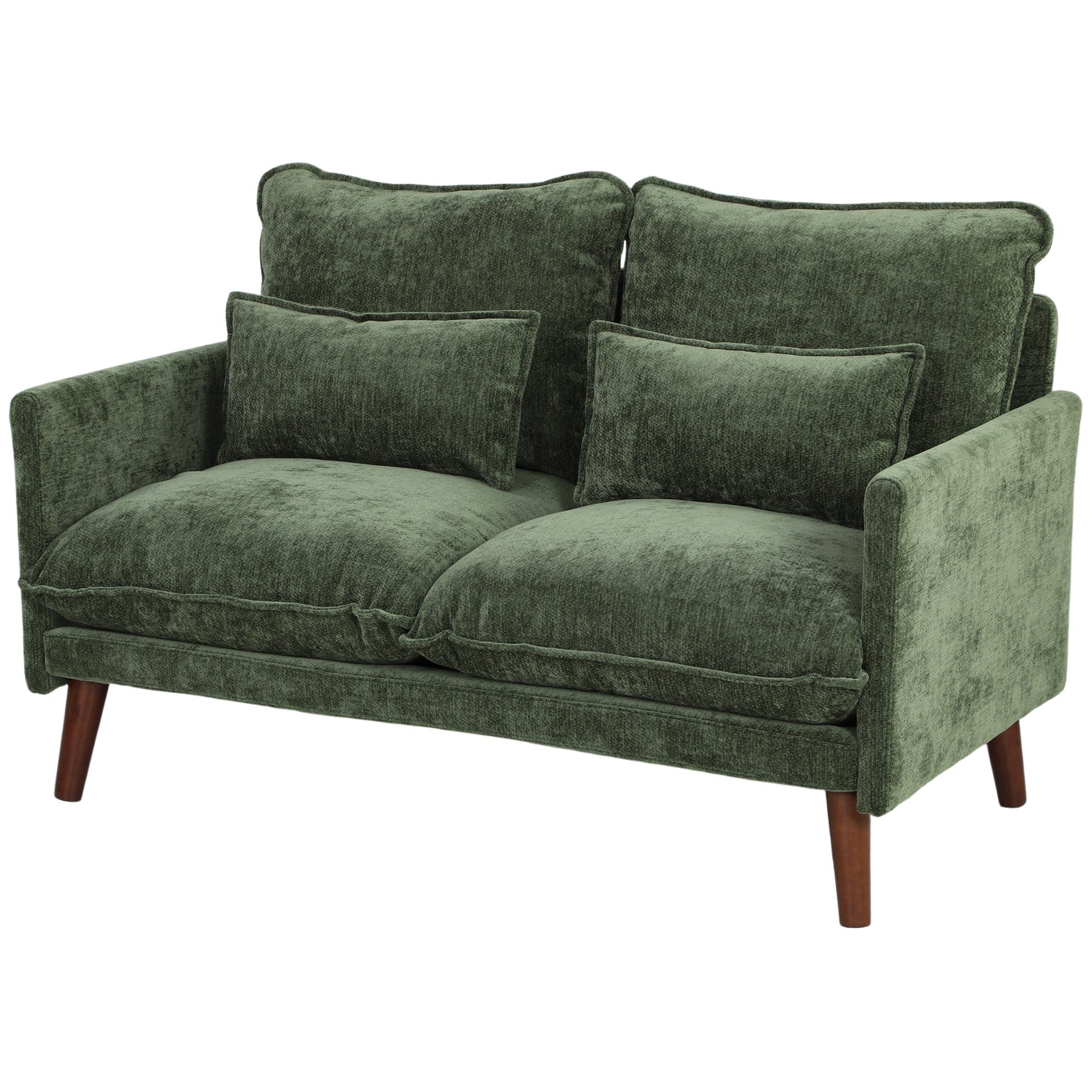 2 Seater Sofa, 131cm Velvet-Feel Fabric Loveseat Sofa with Spring Cushions, Wide and Deep Seat, Wood Legs, 2 Pillows, Modern Couch Settee for Small Space, Living Room, Bedroom, Office, Green